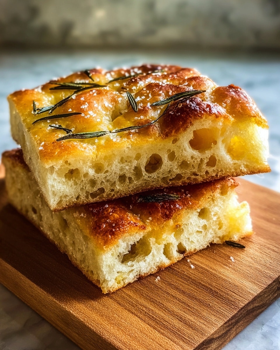 Two thick squares of golden focaccia bread are stacked on a wooden board, showing a soft, airy inside with many holes and a slightly chewy texture. The top layer is a shiny, golden-brown crust dotted with coarse salt crystals and fresh green rosemary leaves. The warm sunlight coming from the window highlights the bread’s fluffy, light texture and the crispy, slightly toasted top. The scene is simple with a white marbled texture surface in the background. photo taken with an iphone --ar 4:5 --v 7