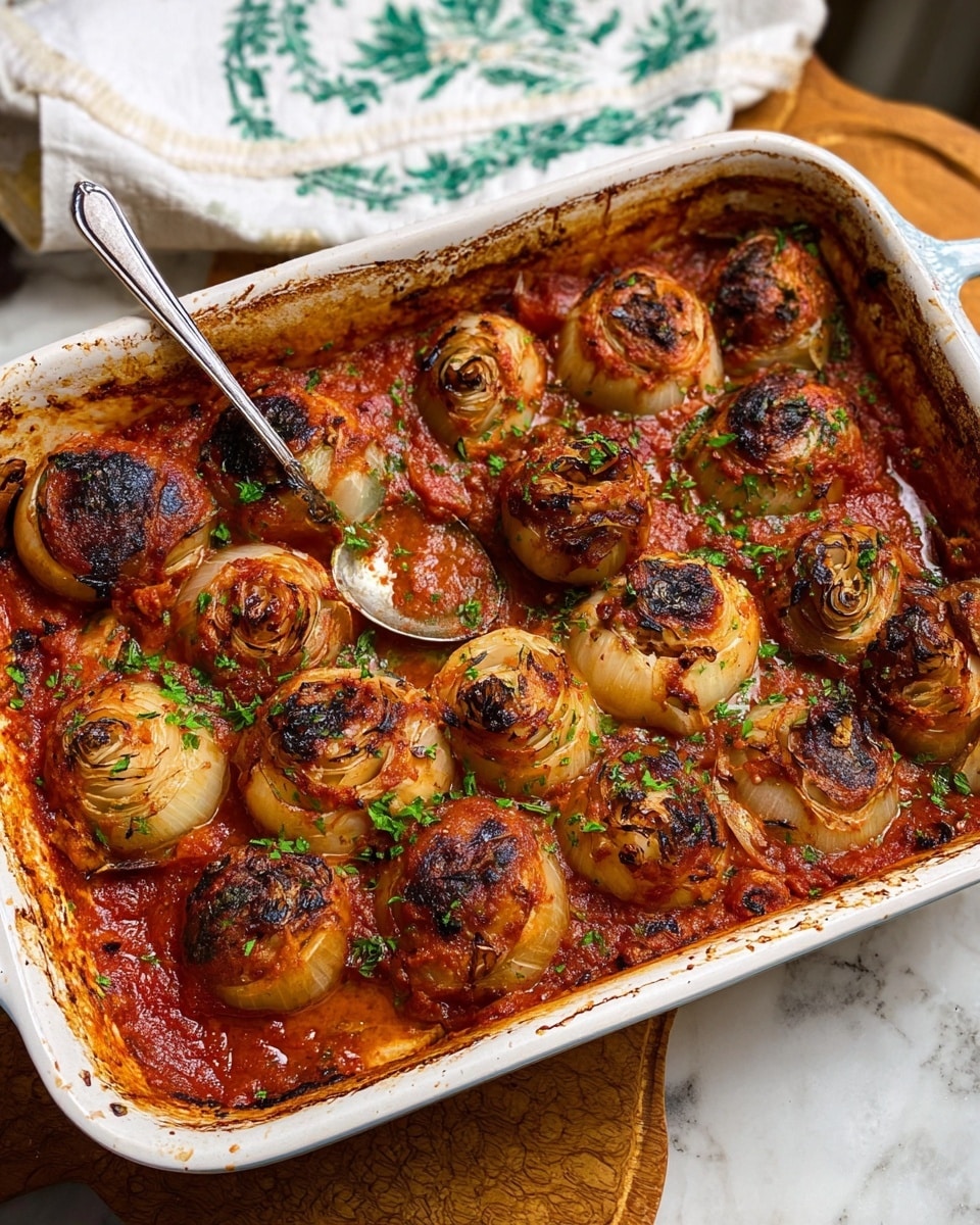 A white rectangular baking dish filled with 15 large stuffed onions arranged in three rows. Each onion layer is cooked to a soft golden-brown with charred spots on top, showing a slightly translucent and roasted texture. The onions are sitting in a rich, chunky red tomato sauce that spreads evenly across the bottom of the dish, with bits of green parsley sprinkled across the top, adding a fresh contrast. The dish edges are stained with cooked tomato juice and caramelized bits. In the top left corner, a silver spoon rests inside the dish, and part of a woman's hand is holding the spoon. The baking dish is placed on a wooden board, with part of a white cloth with green decoration visible in the background, all on a white marbled texture. photo taken with an iphone --ar 4:5 --v 7