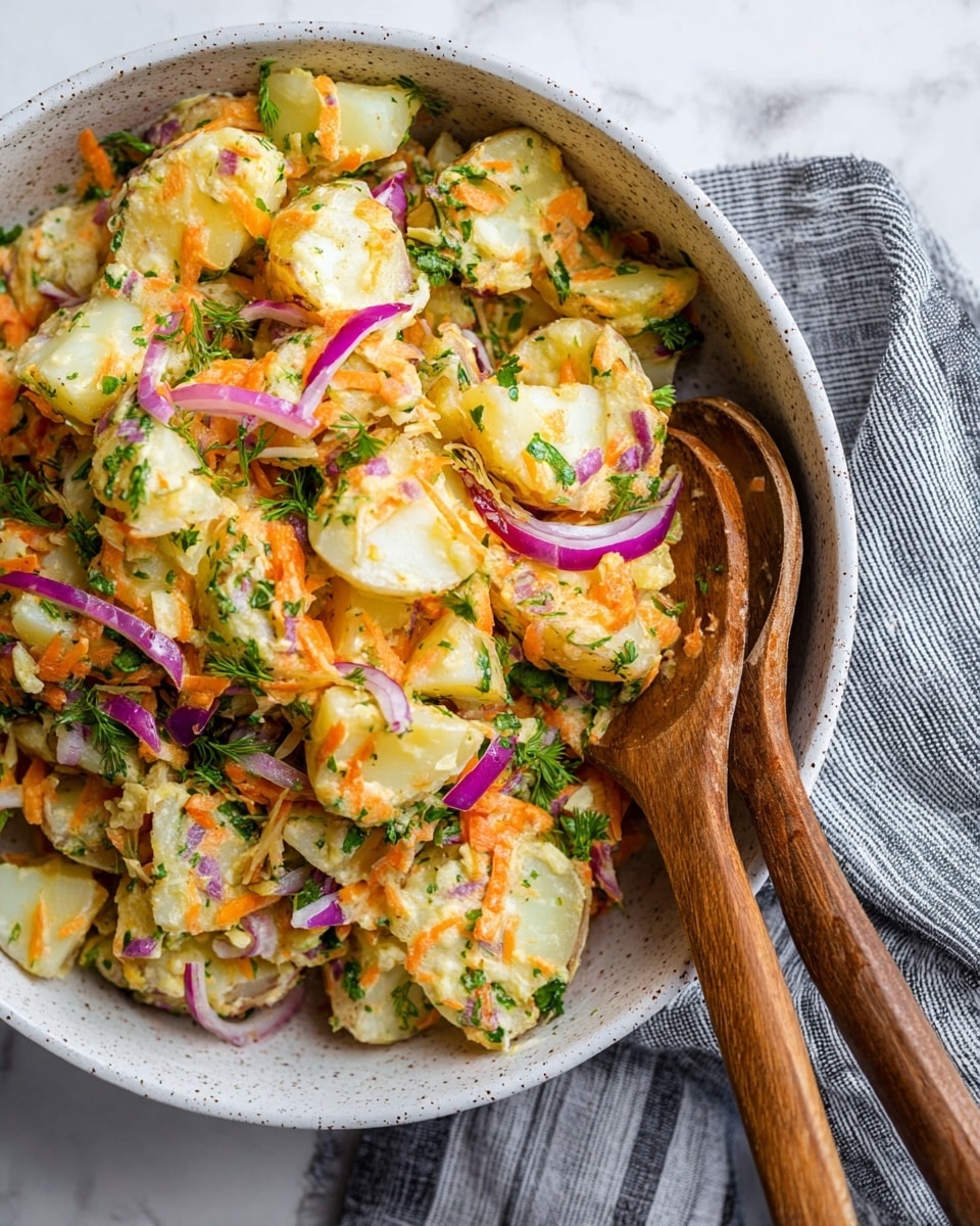 The dish shows a white speckled bowl filled with a colorful potato salad. The bottom layer is chunky, boiled potato pieces, pale yellow with a soft, slightly crumbly texture. Mixed throughout are thin strips of bright orange shredded carrots and thin slices of purple-red onion, adding sharp color contrast. Green leafy herbs and greens are scattered evenly, providing fresh green accents. Two wooden salad serving spoons rest inside the bowl on the right side. The bowl is placed on a white marbled surface with a grey striped cloth nearby. Photo taken with an iphone --ar 4:5 --v 7