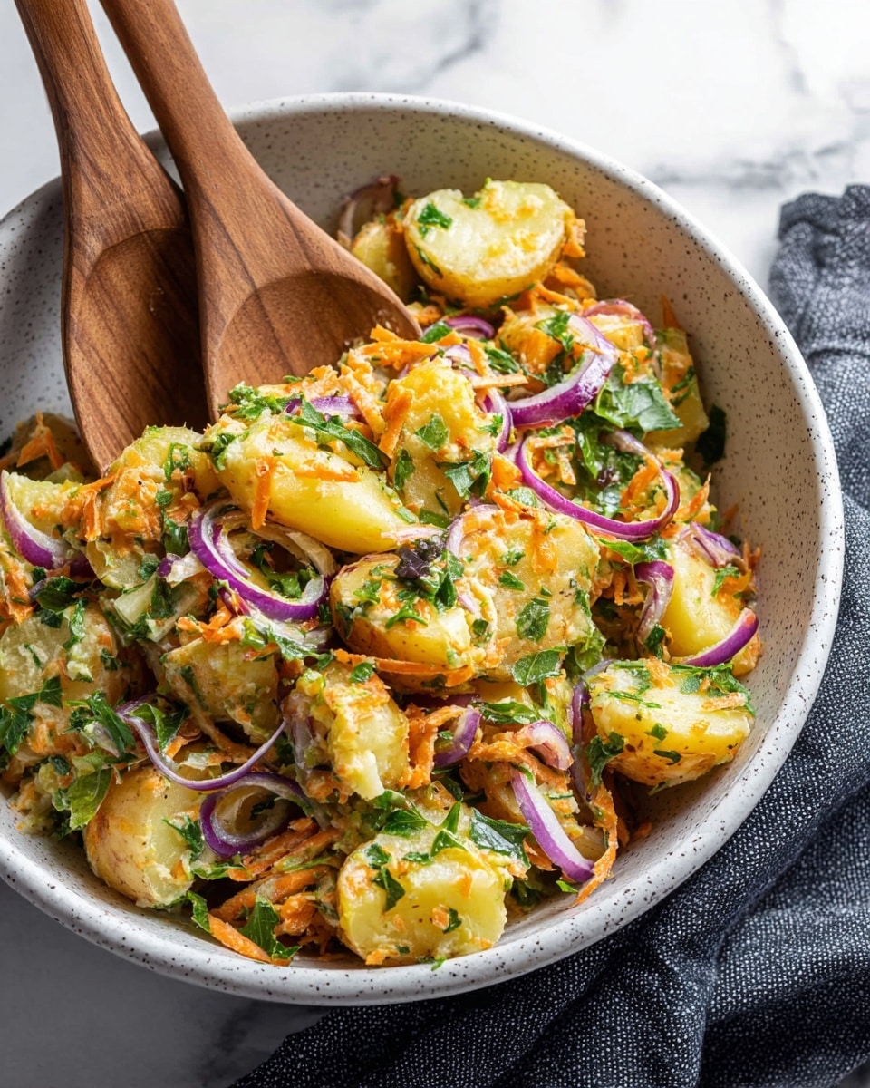 A white speckled bowl filled with a colorful potato salad made of soft, light yellow potato chunks mixed with thin purple onion rings, bright orange shredded carrots, and fresh green herbs. The salad layers show mixed textures with tender potato pieces, crunchy onion slices, and leafy greens evenly distributed. Two smooth, wooden salad spoons rest inside the bowl, contrasting with the fresh vegetables. The bowl sits on a white marbled surface with part of a dark cloth in view. photo taken with an iphone --ar 4:5 --v 7