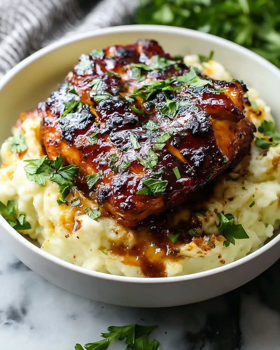A white bowl holds two main layers, with the bottom layer being creamy, slightly golden mashed potatoes that have a textured, rustic look with some browned spots. On top of the mashed potatoes sits a thick piece of grilled or roasted chicken with a shiny, dark brown glaze that appears sticky and caramelized, with visible charred spots. The chicken is garnished with green fresh parsley leaves scattered on top and around the dish, adding a fresh contrast to the rich colors. The setting shows a white marbled surface beneath the bowl, adding a clean and simple background. photo taken with an iphone --ar 4:5 --v 7