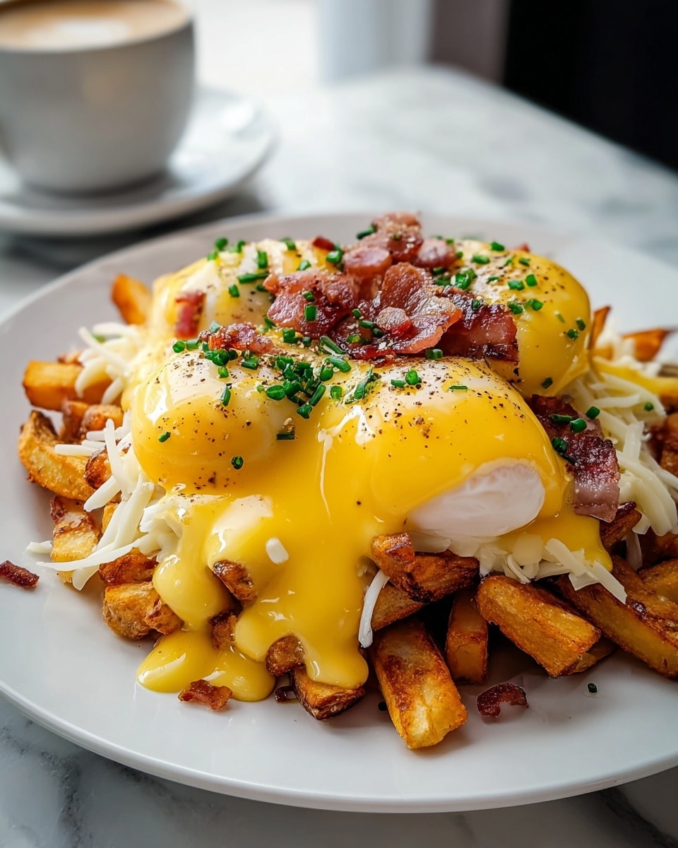 A white plate holds a layered breakfast dish, starting with a base of golden-brown crispy fries evenly spread out. On top of the fries is a layer of shredded white cheese, partially melted. Two poached eggs with soft whites and shiny, yellow yolks sit in the middle, covered generously with smooth, bright yellow hollandaise sauce that drips down the sides. Scattered crispy reddish-brown bacon pieces are placed around and on top of the sauce. The dish is finished with a sprinkle of finely chopped green chives and a dash of black pepper over the eggs and sauce. The plate rests on a white marbled surface, with a white cup of coffee blurred in the background. Photo taken with an iphone --ar 4:5 --v 7