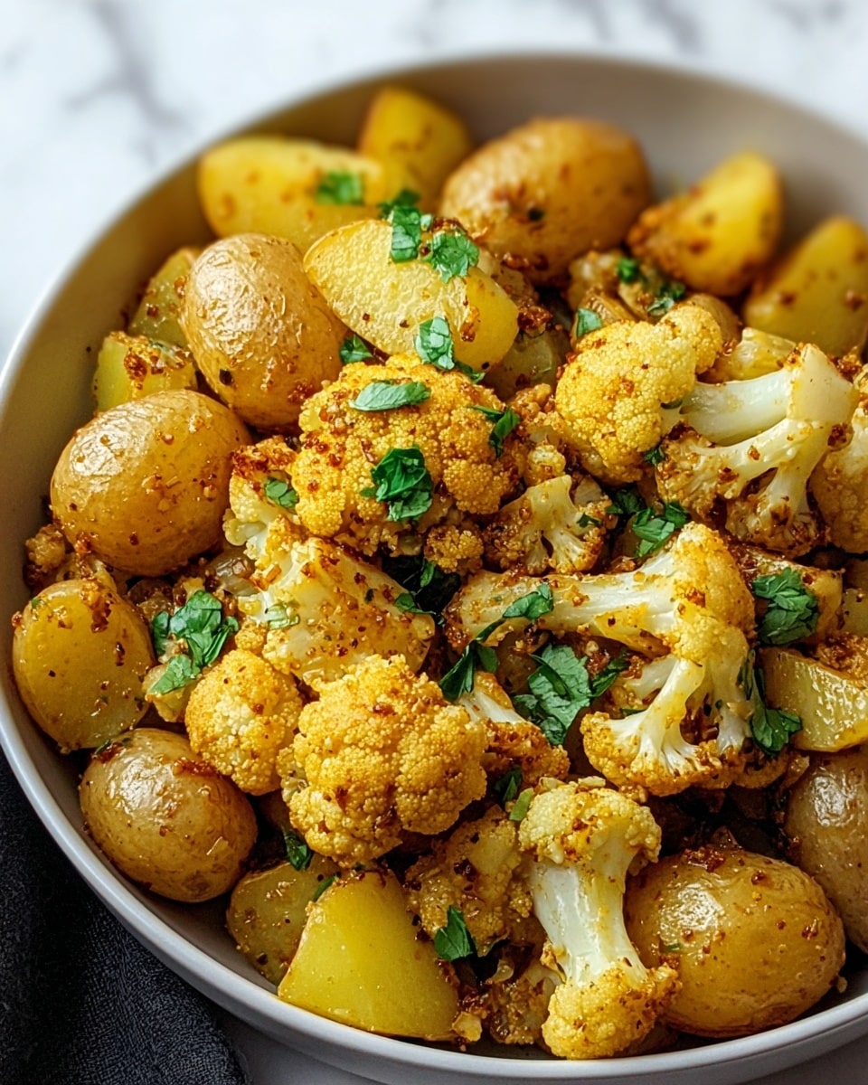 The dish shows a mix of cooked cauliflower florets and small potato pieces, both coated in a golden-brown spice mix giving them a warm, slightly crispy texture. The cauliflower pieces are medium-sized with a rough surface, while the potato pieces are soft, somewhat translucent, and cut into chunks. Scattered fresh green herb leaves, likely cilantro, add a bright contrast on top. The mixture fills a dark pan, placed on a white marbled surface. photo taken with an iphone --ar 4:5 --v 7