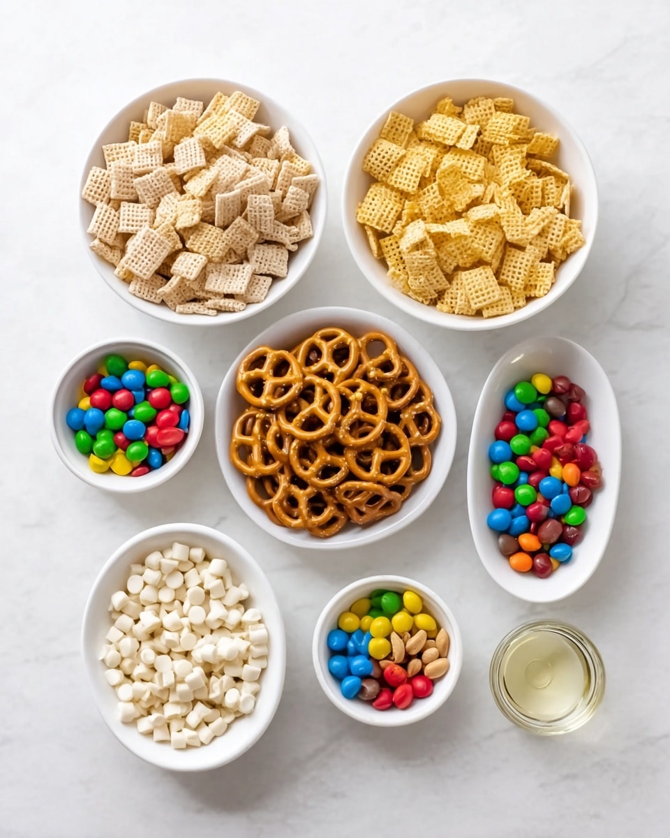 The image shows eight white bowls placed on a white marbled surface, each filled with different snack items. At the top left, there is a bowl filled with light beige square cereal with a waffle texture. Next to it on the right is a similar bowl filled with a yellow version of the same cereal. In the center is a larger bowl containing golden brown pretzels with a shiny, smooth texture. Below that and to the left is a small bowl with light brown cereal rings. Next to it is a small round bowl filled with colorful small round candies in bright red, blue, yellow, green, orange, and brown. Below that is a small bowl filled with white round chips with a smooth, shiny surface. To the right of the white chips is an oval-shaped bowl filled again with the colorful small round candies. Finally, at the bottom right is a small bowl with light brown peanuts and a tiny bowl with clear liquid. The bowls are arranged neatly with a balanced look. photo taken with an iphone --ar 4:5 --v 7