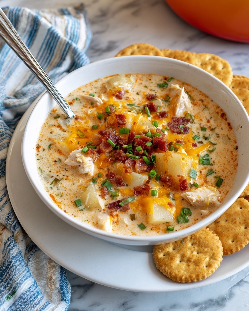 A bowl filled with creamy soup showing several layers and textures. The base is a light beige creamy broth with chunks of white chicken and green celery bits scattered throughout. On top, there are pieces of crispy brown bacon, melted orange cheese drizzled across, and small green onion slices. The surface has crunchy, broken cracker pieces adding a rough texture. A silver spoon rests inside the bowl on the left side. The bowl is white, sitting on a gray plate with round crackers on the right side. The background has a soft white marbled texture with a hint of a red pot on the right edge. Photo taken with an iphone --ar 4:5 --v 7