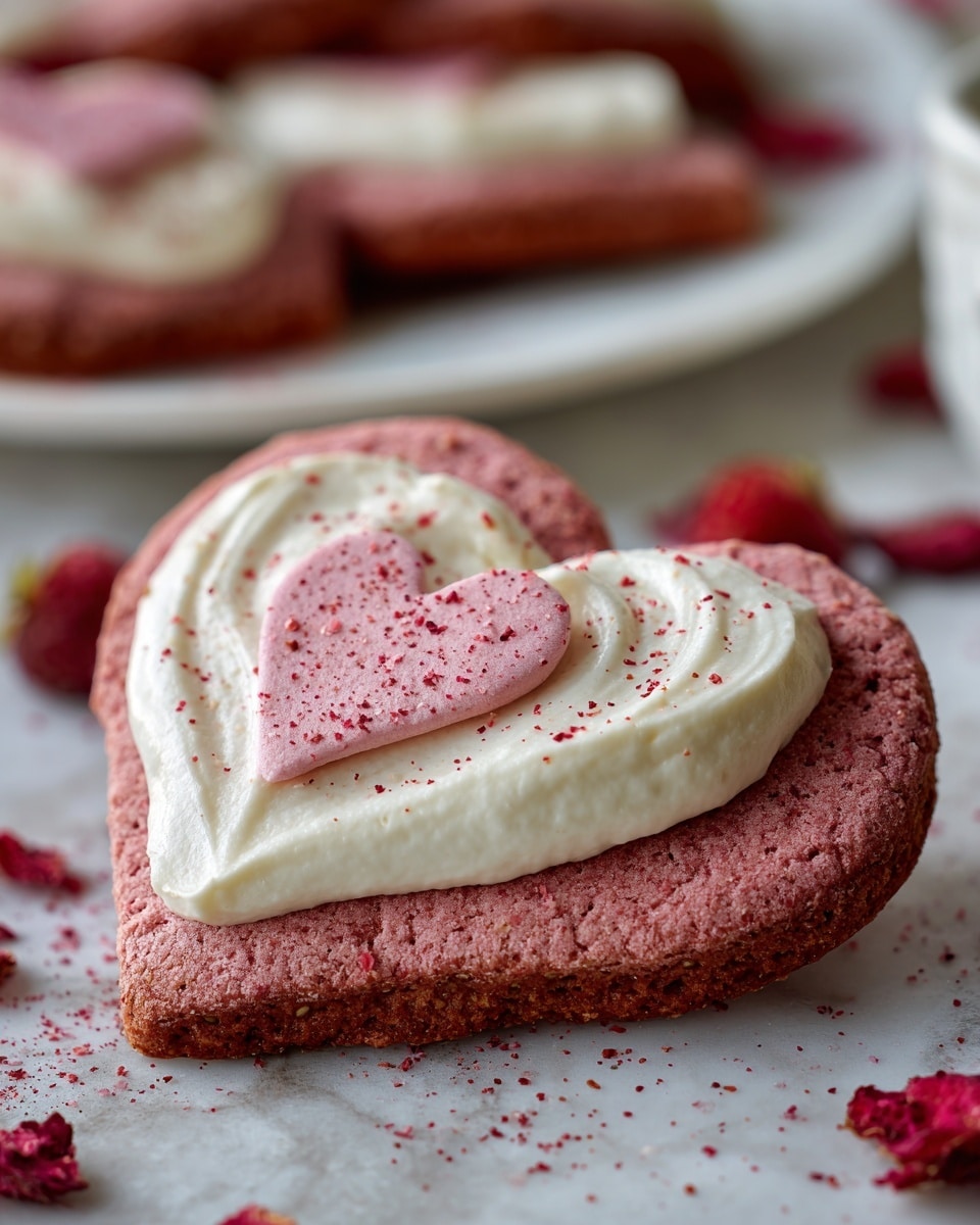 The image shows several heart-shaped cookies with two layers: a pinkish cookie base and a white cream layer spread on top in the shape of a smaller heart, slightly textured with visible brush strokes and a light pink dusting. Some cookies have a simple cream heart while others have a larger cream layer covering most of the top. The cookies are placed on a round white plate with a few dried red strawberry slices scattered around and on a white marbled surface. A black and white striped cloth is draped in the background. photo taken with an iphone --ar 4:5 --v 7
