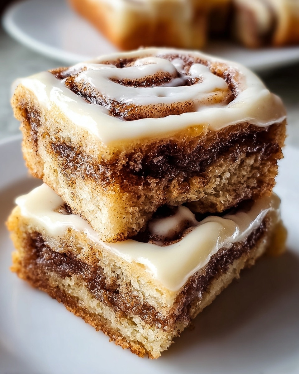Two square cinnamon rolls stacked on top of each other on a white plate, showing three visible layers: a top light brown dough layer with white creamy icing swirled over it, a middle dark brown cinnamon filling layer, and a bottom light brown dough layer. The texture looks soft and moist, with a slightly crumbly edge, and a white marbled surface in the background. photo taken with an iphone --ar 4:5 --v 7