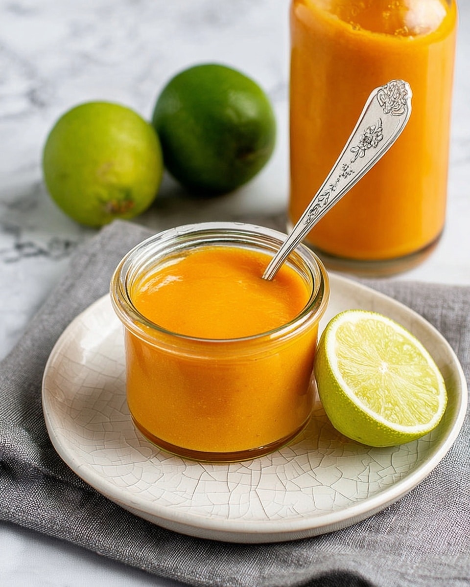 A small clear glass jar filled with smooth, thick, bright orange sauce or puree sits on a white plate with a subtle cracked pattern, placed on a gray cloth over a white marbled surface. A silver spoon with a delicate floral design rests inside the jar, partially buried in the sauce. Behind the jar, on the plate, is a whole lime and a halved lime with the inside pulp visible, both green with a slightly rough texture. A taller jar filled with the same orange sauce stands to the back right on the plate. photo taken with an iphone --ar 4:5 --v 7
