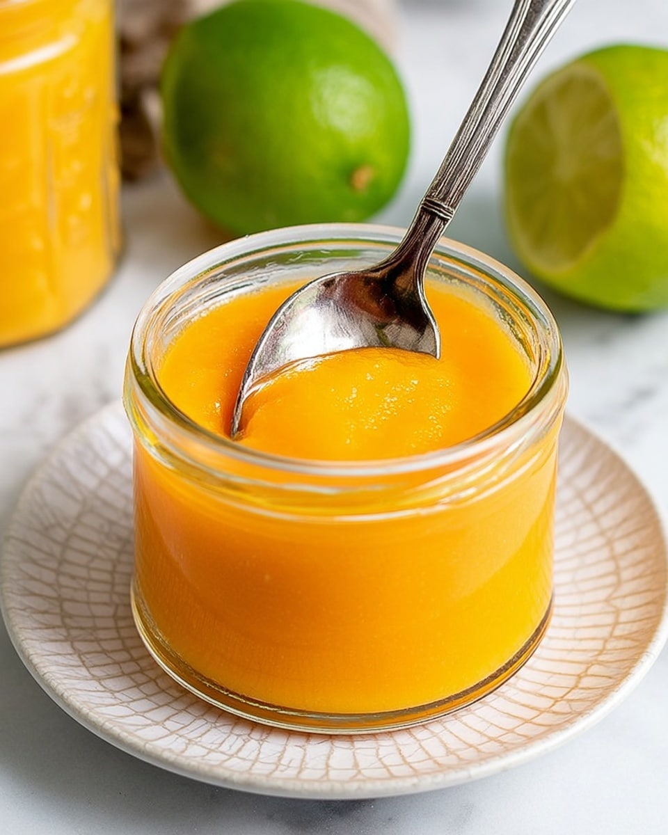 A small clear glass jar filled with a smooth, bright orange puree, with a silver spoon partially dipped into the puree showing slight texture on the surface. The jar sits on a white plate with a subtle cracked pattern, which rests on a white marbled surface. In the background, two green limes, one cut in half showing its light green inner flesh, and another jar filled with the same orange puree are visible but slightly out of focus. photo taken with an iphone --ar 4:5 --v 7