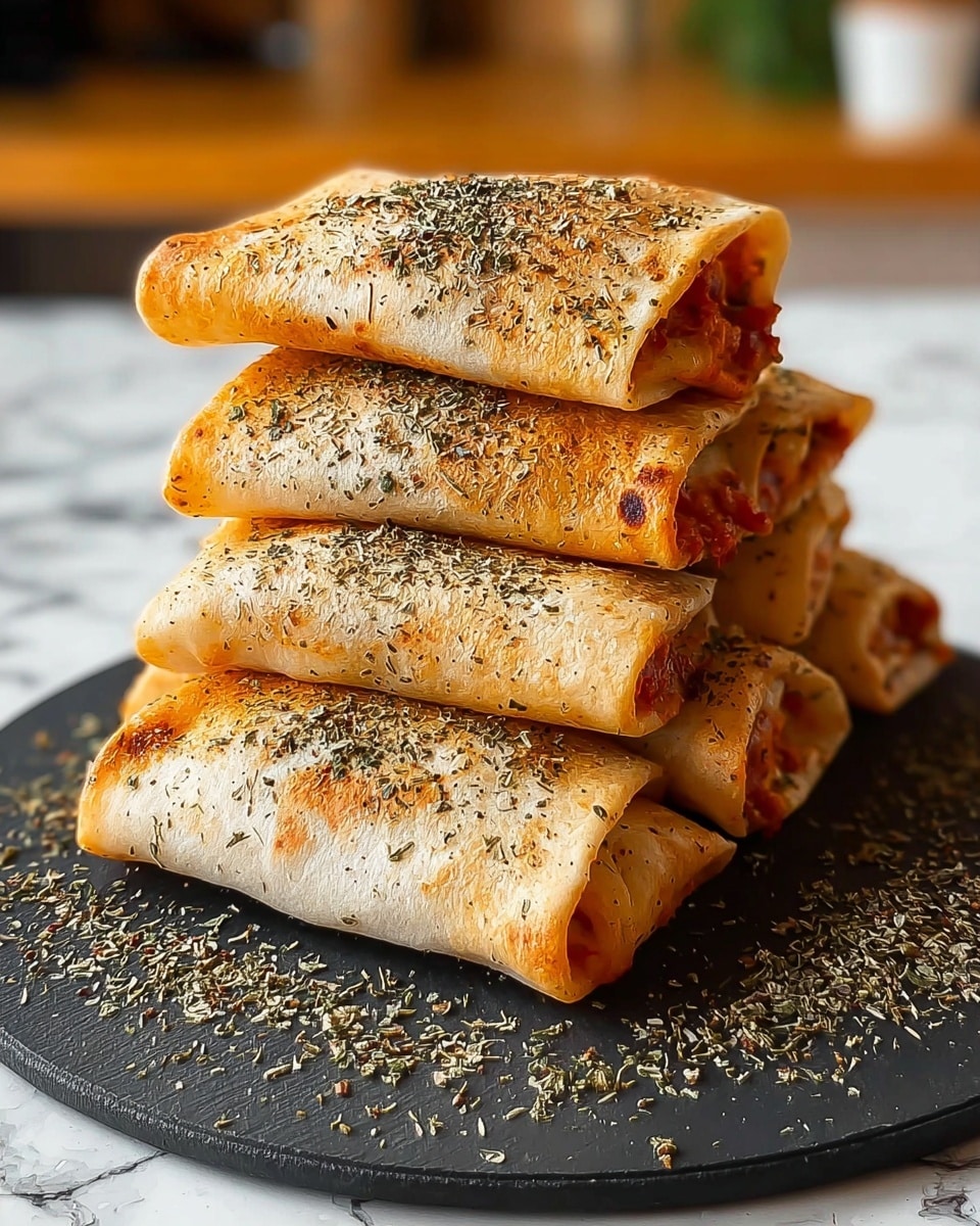 A stack of six rectangular baked wraps is shown, arranged in two layers with three wraps on the bottom and three on top, all seasoned with dried herbs sprinkled over their golden-brown, slightly crispy surface. The wraps are folded neatly, with some red filling visible inside the open ends, giving a hint of a saucy texture. They rest on a round black slate board that has more dried herbs scattered around, placed on a white marbled textured surface. The background is softly blurred, drawing focus to the warm, inviting food. Photo taken with an iphone --ar 4:5 --v 7