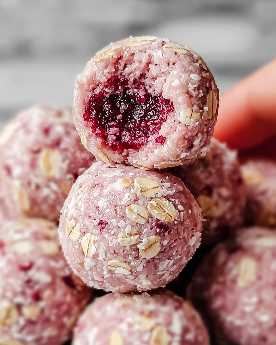 This image shows a close-up of round, pink energy balls with a rough, crumbly texture, covered partly in rolled oat flakes that add light beige-speckled detail on the outer layer. The center of the ball on top reveals a dark red, almost jam-like filling that looks moist and slightly chunky, surrounded by a pale pink outer layer mixed with small white bits that give it a coarse appearance. The balls are stacked together, with the focus on the one ball in the center held by a woman's hand, all set against a white marbled surface. photo taken with an iphone --ar 4:5 --v 7