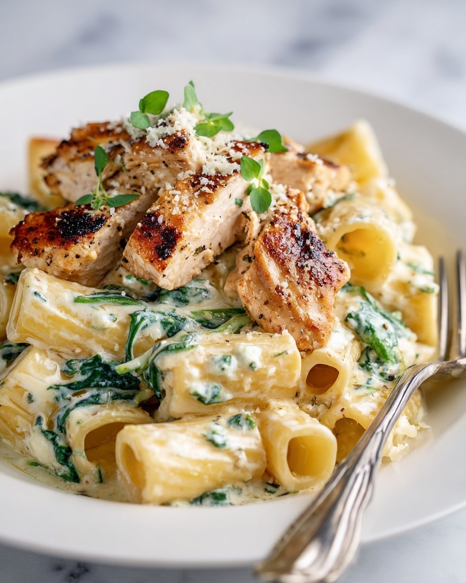 A plate of rigatoni pasta covered with creamy white sauce mixed with green herbs, topped with several golden-brown grilled chicken pieces with crispy edges, and scattered fresh green spinach leaves. The rigatoni pasta forms the base layer with a smooth yellow color, followed by a thick creamy herb sauce coating it evenly. The grilled chicken pieces sit on top, adding a rich brown color and textured look. A few small green herb leaves are sprinkled as garnish. The dish is served on a white plate placed on a white marbled surface, with a silver fork resting at the side. Photo taken with an iphone --ar 4:5 --v 7