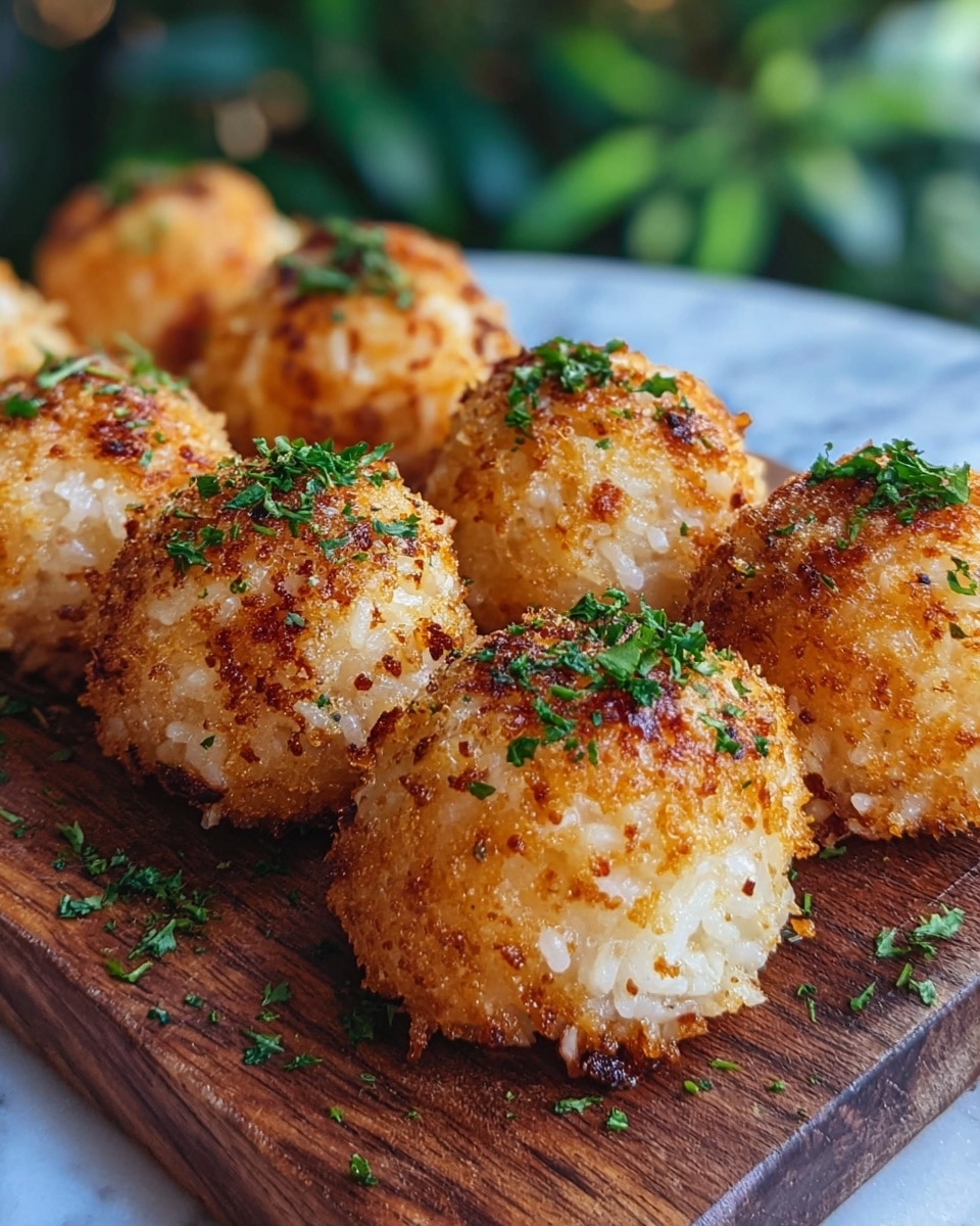 The image shows eight crispy, golden-brown rice balls arranged closely on a rustic wooden board. Each ball has a rough crunchy outer layer with small browned bits, and is sprinkled with fresh green herbs on top, adding a pop of color. The inside of the rice balls looks tender and white, with some areas peeking through the crispy coating. The background has soft, blurred green tones, mimicking an outdoor or garden setting, and the wooden board sits on a white marbled surface. photo taken with an iphone --ar 4:5 --v 7