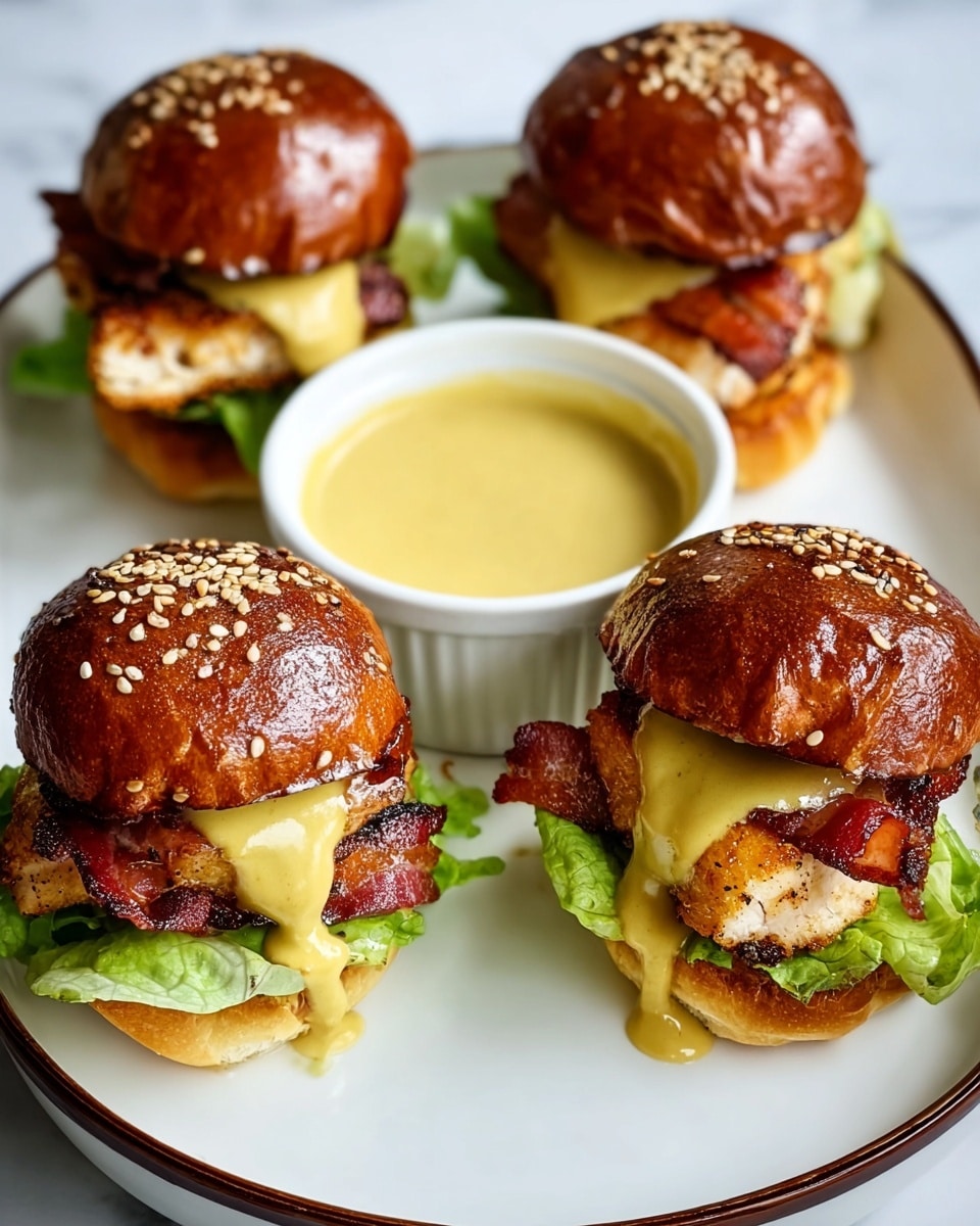 The image shows four small sandwiches arranged on a white plate with a thin dark rim, placed on a white marbled surface. Each sandwich has three main layers: a bottom soft bun with a light golden color, a fresh bright green lettuce leaf topped with crispy reddish-brown bacon, then a thick piece of cooked chicken with a golden-brown crust. The top layer is a shiny, dark brown bun with sesame seeds scattered on top, and a smooth, thick yellow mustard sauce is drizzled over the buns. In the middle of the plate, there is a small white ramekin filled with the same yellow mustard sauce. photo taken with an iphone --ar 4:5 --v 7