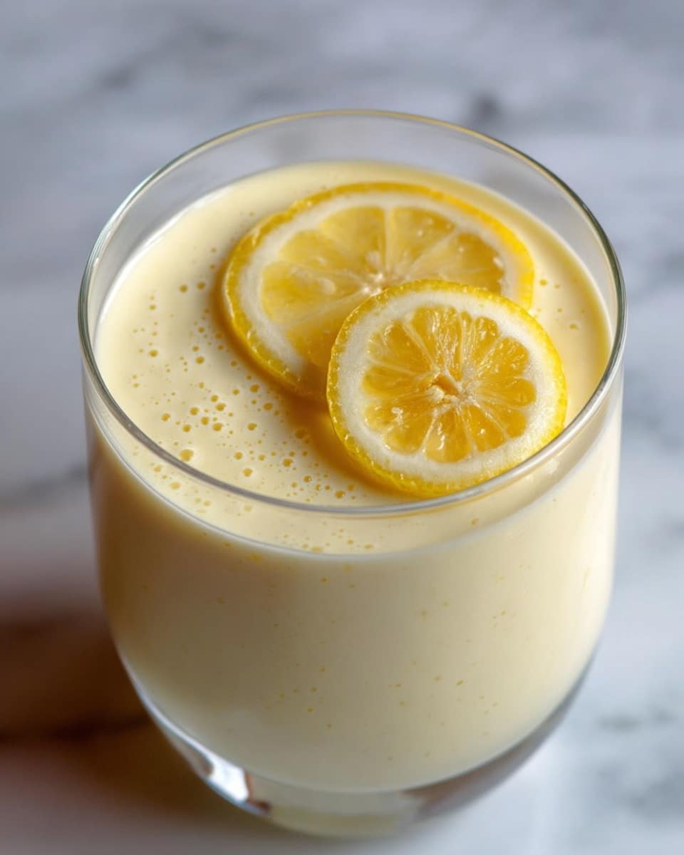 A close-up view of a creamy pale yellow lemon dessert in a clear glass, showing a smooth and thick texture with small bubbles on the surface; it is topped with two thin, bright yellow lemon slices with visible pulp and a glossy finish, placed flat on the top layer. The glass is set on a white marbled texture background, with part of another similar glass blurred in the background. photo taken with an iphone --ar 4:5 --v 7