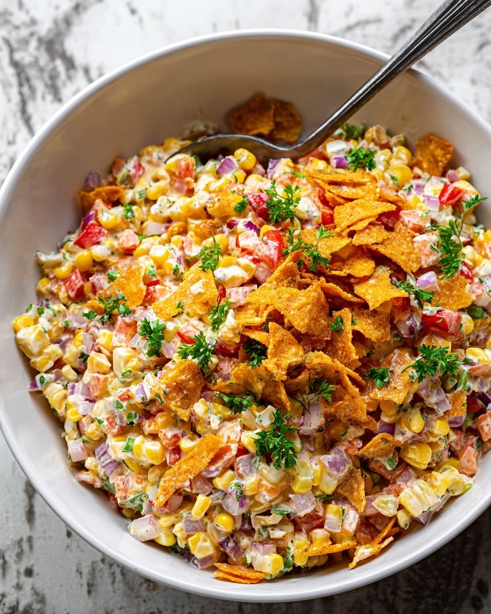 A white bowl filled with a colorful mixed salad featuring multiple layers visibly blended together: small chopped pieces of bright yellow corn, red bell peppers, finely diced purple onions, and shredded light beige cheese, all held together by creamy dressing. Scattered on top are crunchy orange chips adding texture, with sprigs of fresh green parsley as garnish. A metal spoon rests inside the bowl, slightly lifting some of the salad. The bowl is set on a white marbled surface. Photo taken with an iphone --ar 4:5 --v 7