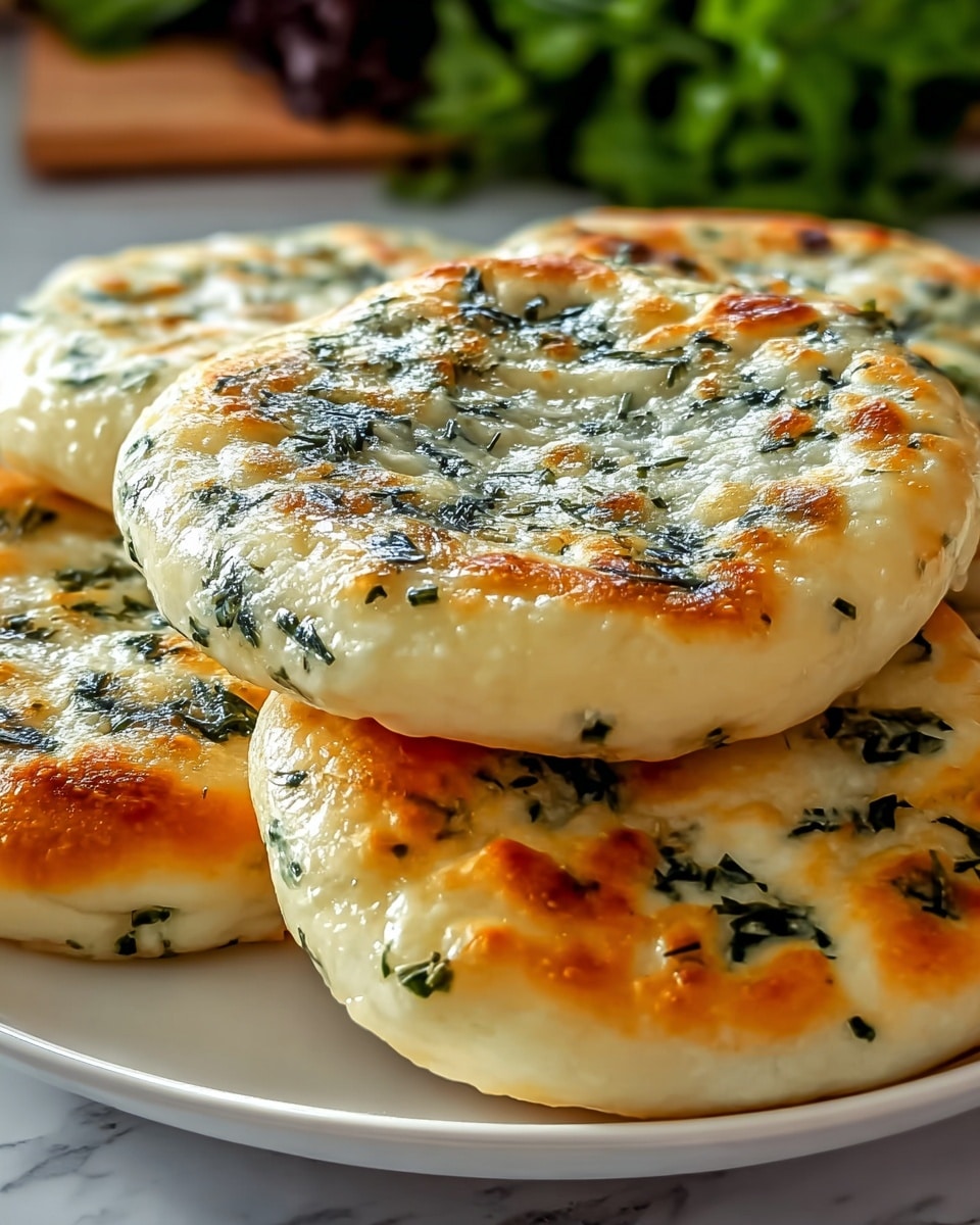 The image shows a close-up of a stack of round, golden-brown flatbreads with visible green herbs mixed into the dough. The top layer is a flatbread with a slightly glossy, lightly crisped surface, showing green patches of herbs scattered evenly throughout. The flatbreads look fluffy and thick, with a soft texture and a warm, toasted appearance. They are placed on a white plate with a smooth finish, set against a blurred white marbled surface. In the background, some leafy greens add a touch of color but remain out of focus. photo taken with an iphone --ar 4:5 --v 7