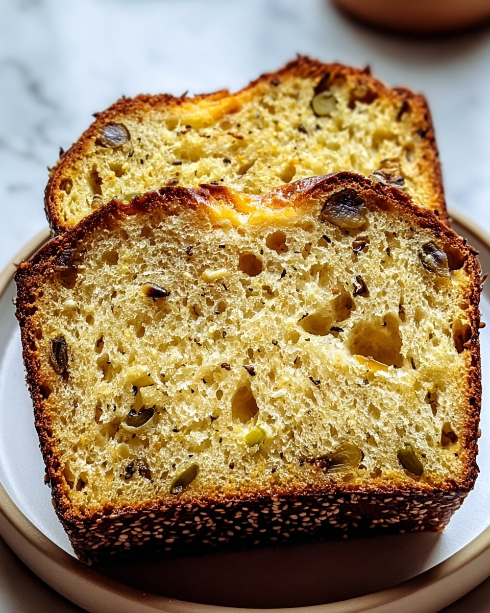 Two thick slices of golden brown bread sit side by side on a white plate placed on a white marbled surface. The bread has a soft, moist interior with a slightly dense texture, speckled with small seeds and whole green olives embedded within. The crust is darker, thick, and dotted with seeds, contrasting with the lighter yellow and slightly shiny inside. The close-up view shows a few small holes and a slightly uneven surface on the top of each slice, emphasizing its homemade, rustic look. Photo taken with an iphone --ar 4:5 --v 7