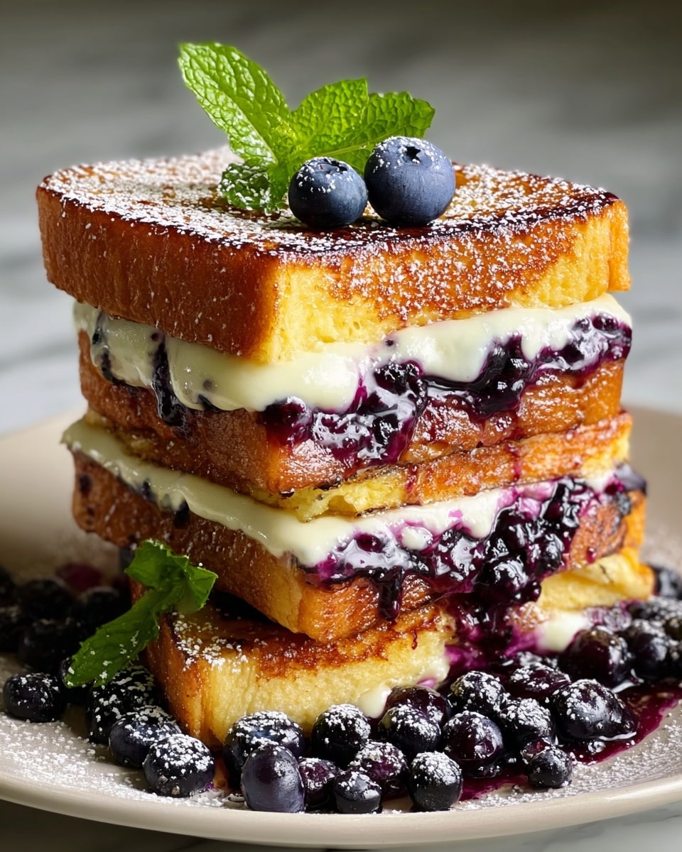 A stack of three thick, golden-brown French toast slices with a caramelized texture, layered with white creamy filling and dark purple blueberry compote that oozes slightly from between the layers. The toast is dusted with white powdered sugar, and fresh blueberries scattered around the base add a deep blue contrast. On top of the stack, two blueberries and a sprig of bright green mint leaves sit as garnish. The dish is served on a white plate against a white marbled background. Photo taken with an iphone --ar 4:5 --v 7