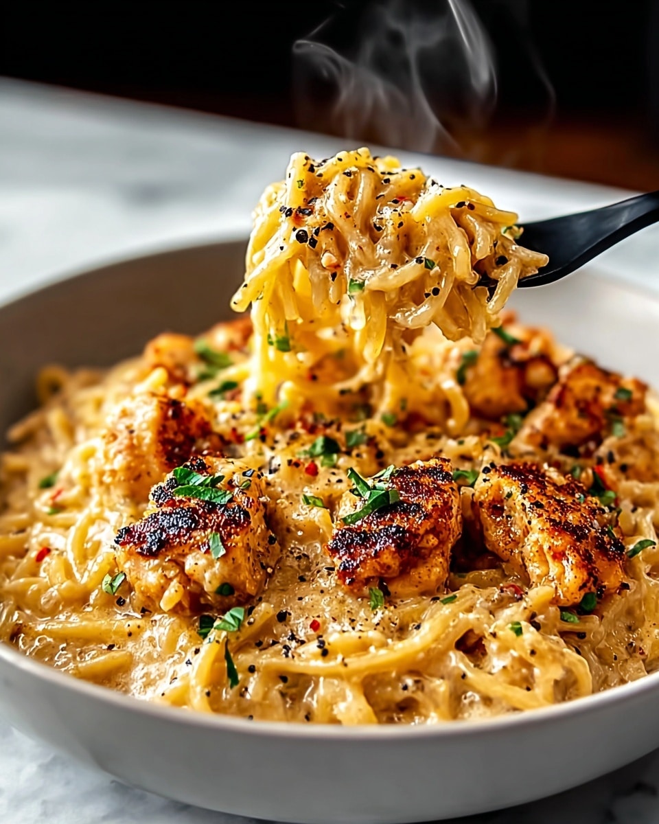 A close-up of a bowl filled with creamy pasta mixed with browned, small chicken pieces on top. The pasta is coated in a thick, golden sauce with a smooth texture, speckled with black pepper and chopped green herbs. The chicken pieces have a crispy, charred outer layer showing a rich brown color. A black fork holds a bite of pasta and chicken, lifting it above the bowl with steam rising softly in the background. The bowl is white with a smooth finish, all placed on a white marbled surface. Photo taken with an iphone --ar 4:5 --v 7