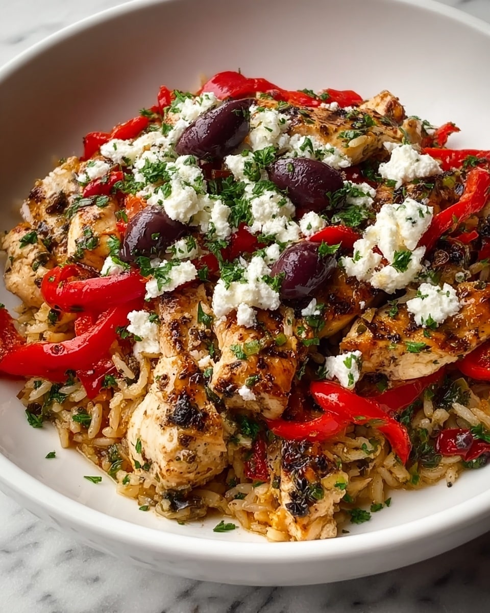 A white bowl holds a layered dish with a base of grilled chicken pieces speckled with black pepper and herbs, giving a charred golden brown look. On top of the chicken sits a mix of cooked long-grain rice mixed with green herbs and small bits of onions, adding a light golden-brown texture. Bright red bell pepper strips are scattered throughout, adding pops of color. Dark purple olives are placed on top, along with crumbled white cheese that looks soft and fresh. The dish is garnished with finely chopped green herbs evenly spread over all layers, creating a fresh look. The bowl sits on a white marbled surface. photo taken with an iphone --ar 4:5 --v 7