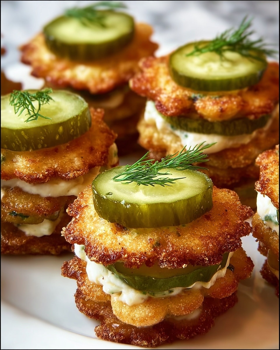 The image shows several small stack-like snacks arranged closely together on a white marbled surface. Each snack has three layers: the bottom and top layers are golden brown, crispy, round fritters with a slightly scalloped edge and a textured surface. The middle layer is a thick slice of green pickle, sitting on a dollop of white creamy spread. The snacks are garnished with small sprigs of fresh green dill on top, adding a touch of color and freshness. The overall look is warm, crunchy, and fresh. photo taken with an iphone --ar 4:5 --v 7