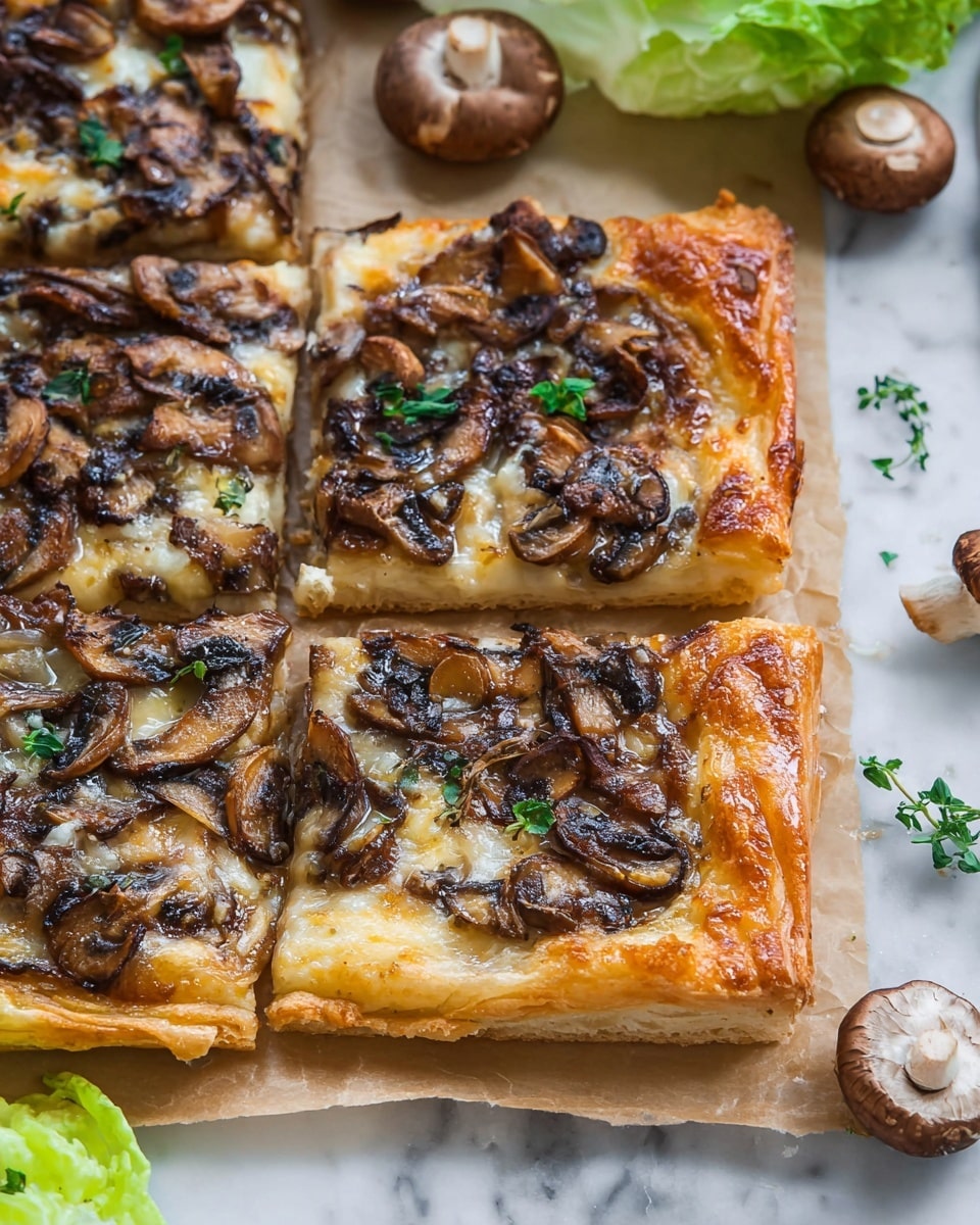 A square flat pizza cut into four pieces, featuring a thick, golden-brown crust with a slightly glossy, crispy edge. The top layer is richly covered with glossy, sautéed mushrooms in different shades of brown, giving a mix of rough and smooth textures. Underneath, melted cheese peeks through the mushrooms in a creamy light yellow color. There are small green herb leaves scattered on top, adding a touch of freshness. The pizza sits on parchment paper over a white marbled surface, with some mushrooms and green lettuce placed decoratively nearby. Photo taken with an iphone --ar 4:5 --v 7