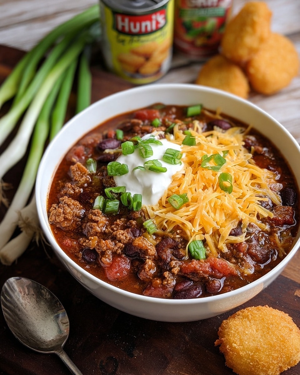 A white bowl filled with a dark red chili that contains beans, ground meat, and small pieces of tomato and onion. On top, there is a layer of orange shredded cheddar cheese, a dollop of white sour cream, and a sprinkle of chopped green onions. The bowl sits on a dark wooden surface with a silver spoon beside it. In the background, there are cans of ingredients and fresh green onions on a white marbled textured surface. A couple of pieces of golden brown fried food are also on the wooden surface near the bowl. Photo taken with an iphone --ar 4:5 --v 7