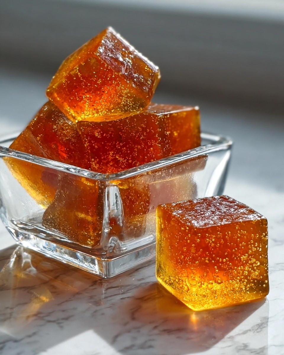 A close-up view of several amber-colored jelly cubes with a shiny, translucent texture and tiny bubbles inside. Five of the cubes are stacked inside a clear, square glass dish, showing the light passing through their smooth but slightly uneven surfaces. One extra cube sits outside the dish, resting directly on a white marbled surface, with a slightly reflective base that catches the light. The scene has a soft light coming from the background, emphasizing the rich golden-orange hues of the jelly cubes. Photo taken with an iphone --ar 4:5 --v 7