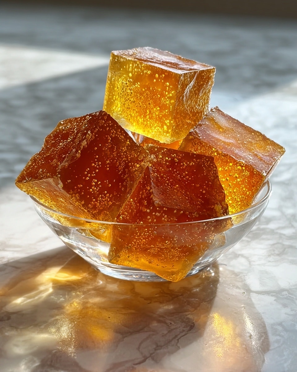 A small clear glass bowl holds six large golden amber jelly cubes stacked with uneven edges, each cube showing a translucent, slightly shiny texture with tiny bubbles inside, resting on a white marbled surface that softly reflects the warm colors of the jelly pieces, creating a bright and inviting look. photo taken with an iphone --ar 4:5 --v 7