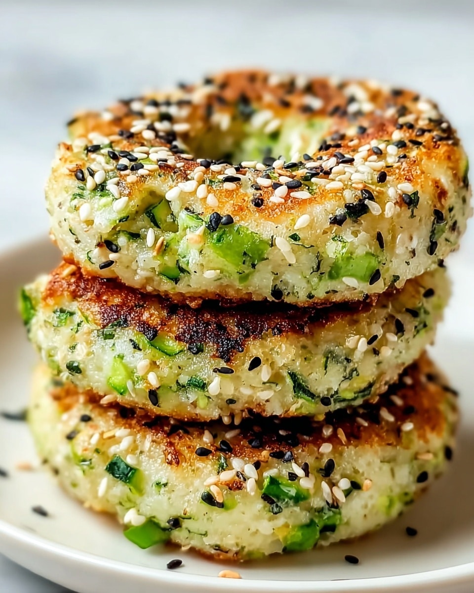 The image shows two thick, round, donut-shaped fritters stacked on top of each other on a white plate with a white marbled texture background. Each fritter has a light golden-brown crust with crisp edges and a soft, fluffy inside. They are filled with small green pieces, likely zucchini, and sprinkled generously with white and black sesame seeds on the surface, giving a crunchy texture. The fritters look moist and soft inside with visible green vegetable bits, and the top one has a slightly darker, toasted area. Photo taken with an iphone --ar 4:5 --v 7