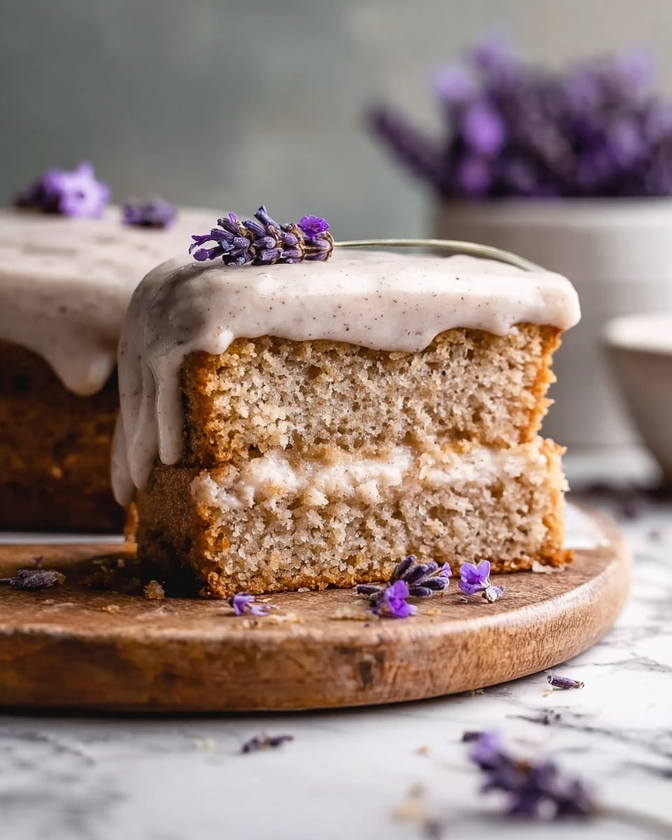 A close-up of a two-layer slice of cake sitting on a wooden board with a white marbled surface in the background. The bottom and middle layers are light brown, soft, and crumbly cake. Between these, there is a smooth, beige frosting layer with visible tiny specks, matching the top frosting that is spread thickly and slightly dripping at the sides. Small purple lavender flowers are placed on top of the frosting and scattered around the cake on the board. In the blurred background, a white bowl holds more lavender flowers. Photo taken with an iphone --ar 4:5 --v 7