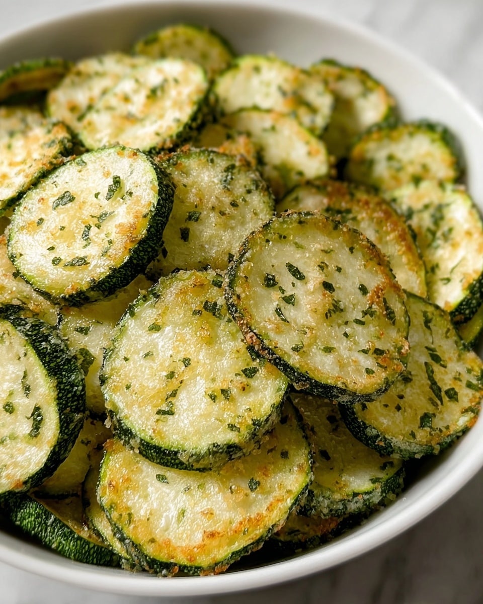 A close-up view of a white bowl filled with thinly sliced, round zucchini chips. Each chip has a green outer skin and a pale, almost translucent inner flesh. The chips are coated with small green herb flakes and light brown seasoning, giving them a slightly textured and crispy appearance. They are layered unevenly, overlapping each other with some chips facing up, showing the speckled seasoning. The surface of the chips glistens slightly, suggesting they have a light coating of oil. The background is a white marbled texture. Photo taken with an iphone --ar 4:5 --v 7