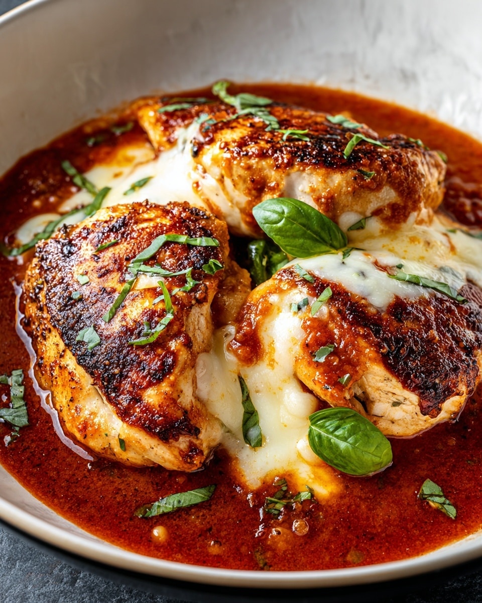A close-up of three grilled chicken breasts with a golden brown, slightly charred surface, each topped with melted white cheese that looks soft and slightly gooey. The chicken sits in a rich, deep red tomato sauce that has a glossy texture and small bits of green basil leaves scattered around. The dish is served in a white bowl which contrasts with the vibrant colors of the food, all placed on a white marbled textured surface. photo taken with an iphone --ar 4:5 --v 7