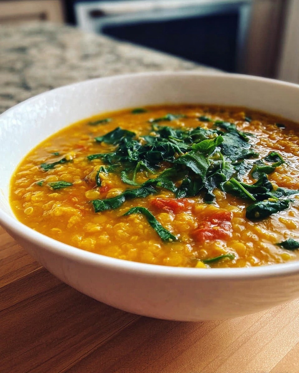 A white bowl filled with thick orange soup that has a textured surface showing small grains or lentils. The soup is mixed with bright green leafy pieces and some red chunks visible near the center and edges. The bowl sits on a light wood surface, with a blurred kitchen background. photo taken with an iphone --ar 4:5 --v 7
