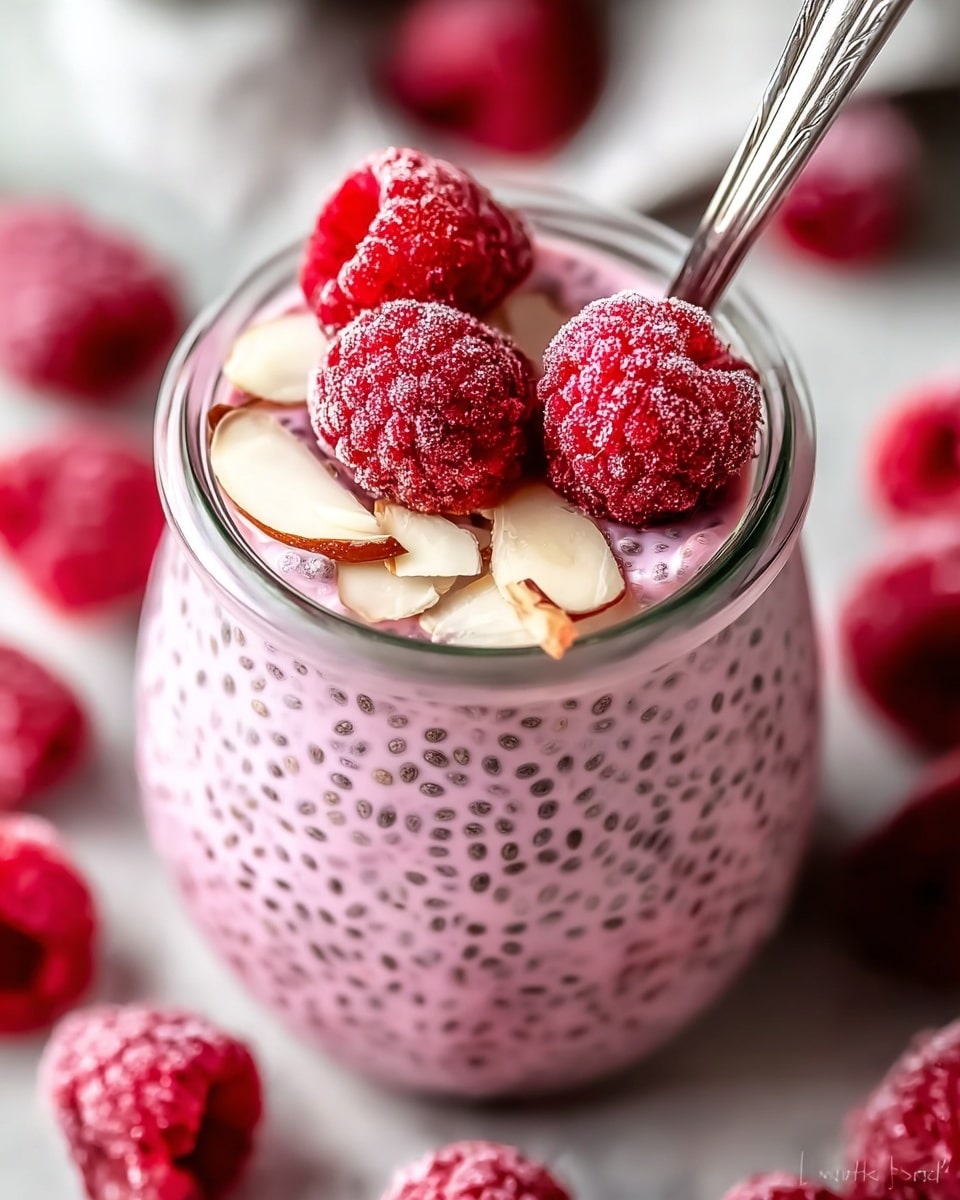 A small clear glass jar filled with a creamy pink chia pudding speckled with tiny dark chia seeds evenly distributed throughout. On top of the pudding, there are three bright red raspberries placed close together and three thin, pale almond slices scattered around them. A silver spoon is inserted into the jar from the top right side. Around the jar on a white marbled surface, there are several loose raspberries, some slightly frosted. The background is softly blurred, focusing fully on the jar and its contents. Photo taken with an iphone --ar 4:5 --v 7