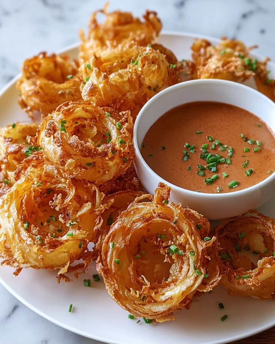 A white plate is filled with crispy golden-brown fried onion rings that have a light, flaky texture and slight curls at the edges. The onion rings are sprinkled with small green chive pieces. On the upper right side of the plate, there is a white cup filled with thick, creamy, reddish-brown dipping sauce, also garnished with chives. The plate sits on a white marbled surface. photo taken with an iphone --ar 4:5 --v 7