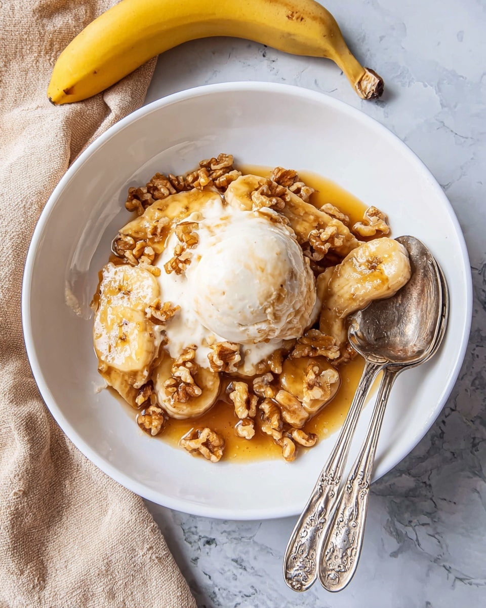 A white deep plate holds a dessert with three visible layers: the bottom layer is sliced cooked bananas in a golden brown caramel sauce mixed with chopped walnuts, the middle layer is a melting scoop of white vanilla ice cream placed at the center, and the top layer is sprinkled with small walnut pieces. Two ornate silver spoons rest on the right side inside the plate. The plate sits on a white marbled surface with a whole yellow banana in the background and a beige cloth partially visible on the left side. Photo taken with an iphone --ar 4:5 --v 7
