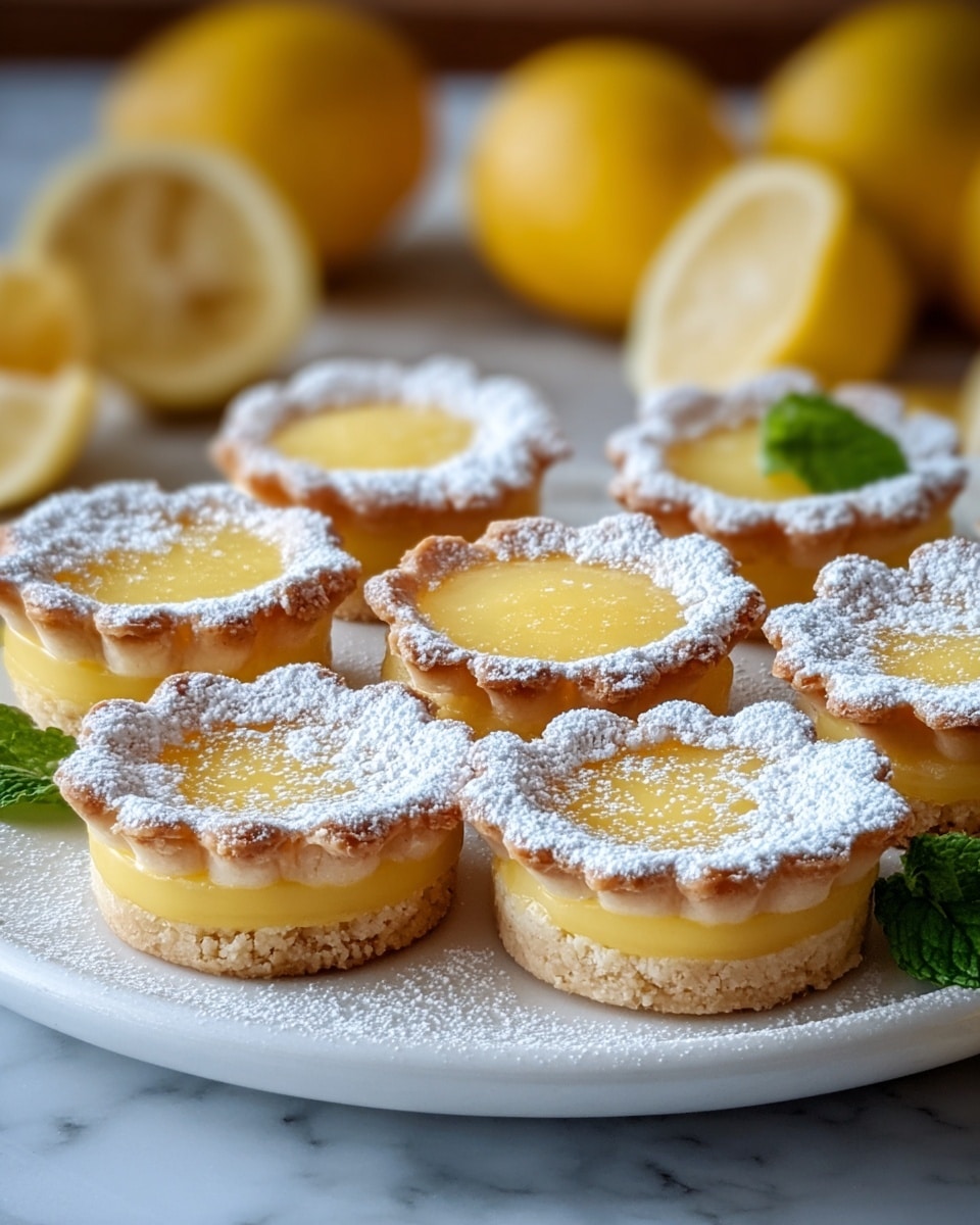 The image shows eight small lemon tarts arranged on a white plate with a soft, textured edge, placed on a white marbled surface. Each tart has three layers: a pale, crumbly golden crust at the bottom, a thick and smooth bright yellow lemon curd layer in the middle, and a top layer of light golden crust with scalloped edges dusted generously with white powdered sugar. A few fresh green mint leaves peek out from between the tarts, and several whole lemons and lemon wedges are blurred in the background, adding to the fresh, homemade feel. photo taken with an iphone --ar 4:5 --v 7