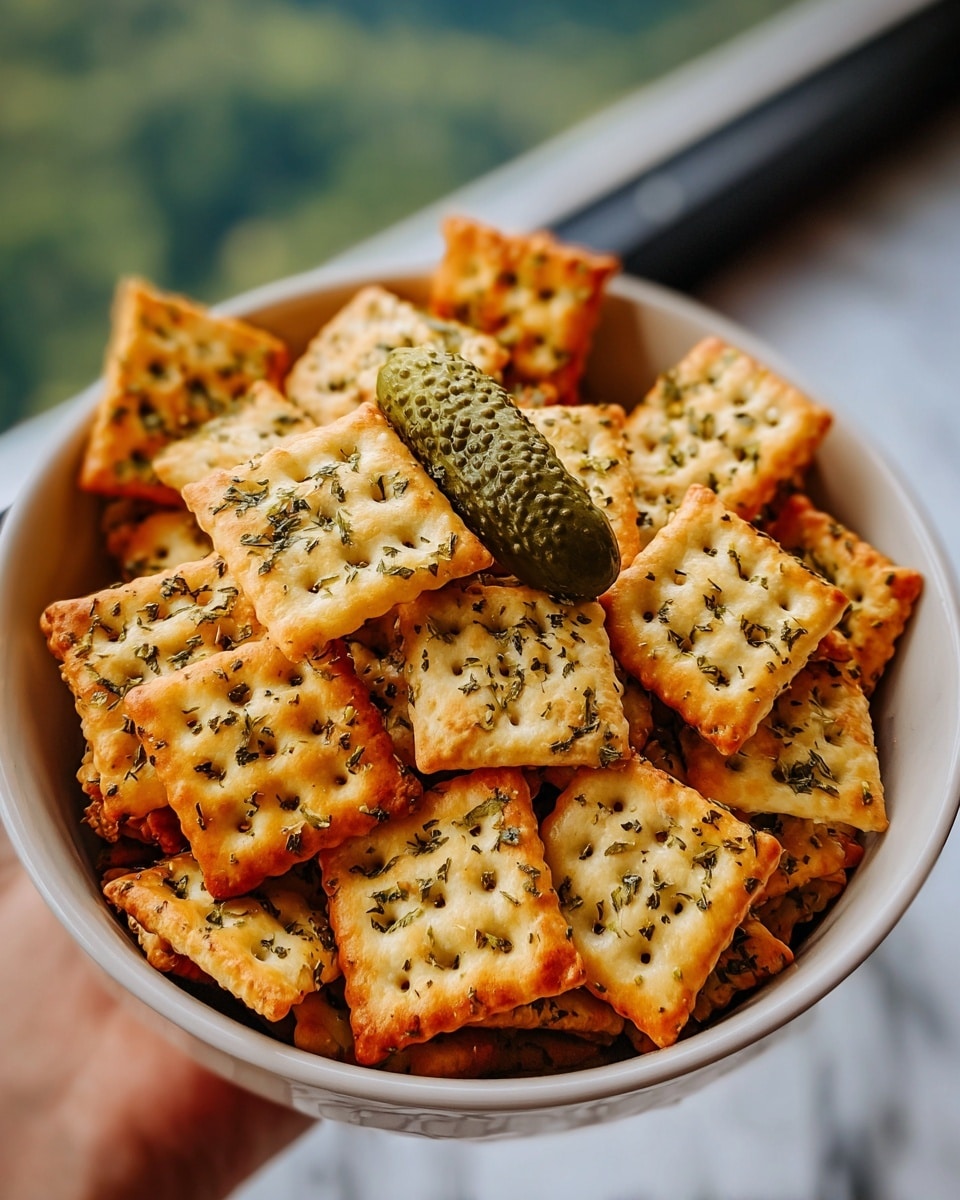 A bowl filled with many small square crackers that have a lattice pattern and are golden brown with green herb bits sprinkled all over. On top of the crackers, there is one small green pickle with dark spots. The bowl is white and is held by a woman's hand, with a blurred green landscape in the background and a white marbled surface underneath. photo taken with an iphone --ar 4:5 --v 7