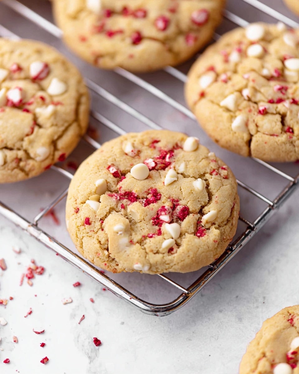 The image shows round cookies cooling on a silver wire rack. Each cookie is light golden brown with a slightly rough texture, dotted with small white chocolate chips and bright red bits throughout. The cookies appear thick and soft, with some cracks and a slightly uneven surface. The wire rack sits on a white marbled texture background with scattered small red and white crumbs around. photo taken with an iphone --ar 4:5 --v 7
