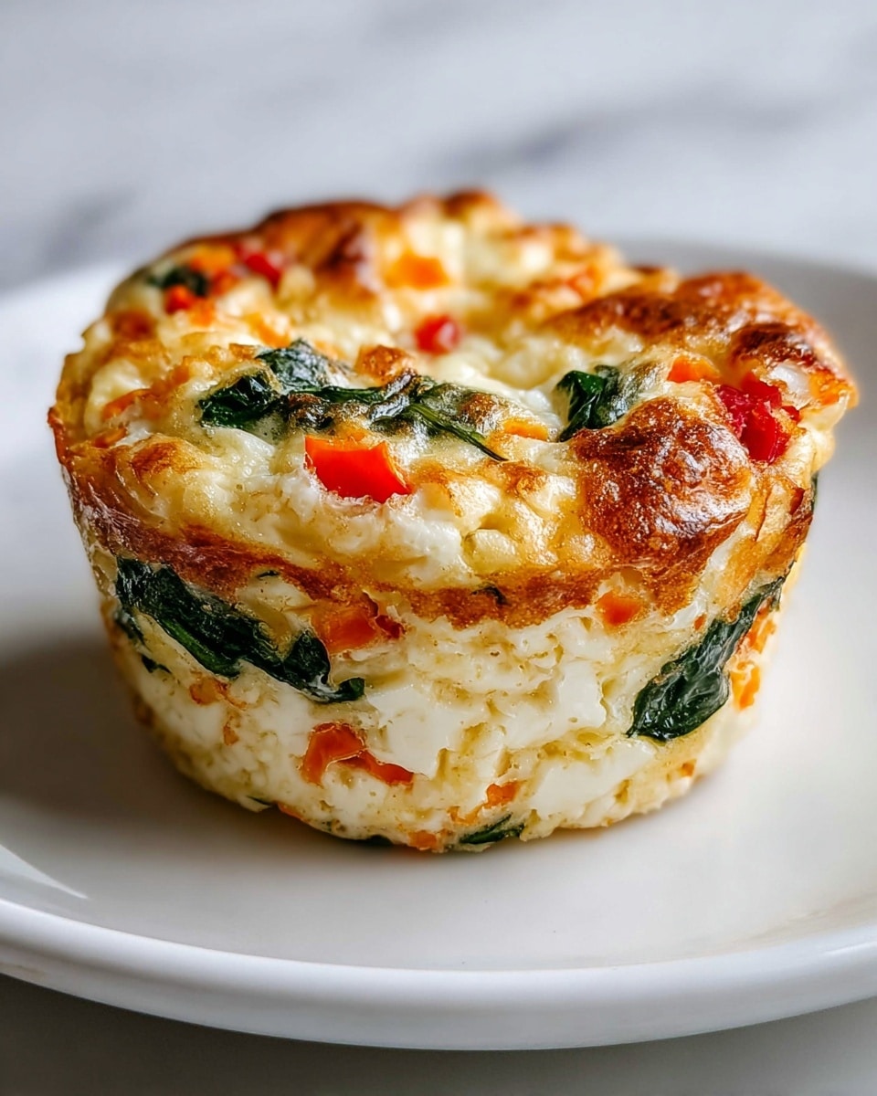 A close-up of a single egg muffin placed on a white plate with a white marbled surface under it. The muffin has two main layers visible: a golden-brown top with a slightly crispy texture spotted with small darker brown and black charred bits, and a soft, pale yellow inner layer filled with bits of red bell pepper and green spinach, with white pieces of cheese or egg inside. The muffin is cut slightly on one side, showing the mix of colorful vegetables and egg in the soft center, while the outside remains firm and textured. Photo taken with an iphone --ar 4:5 --v 7