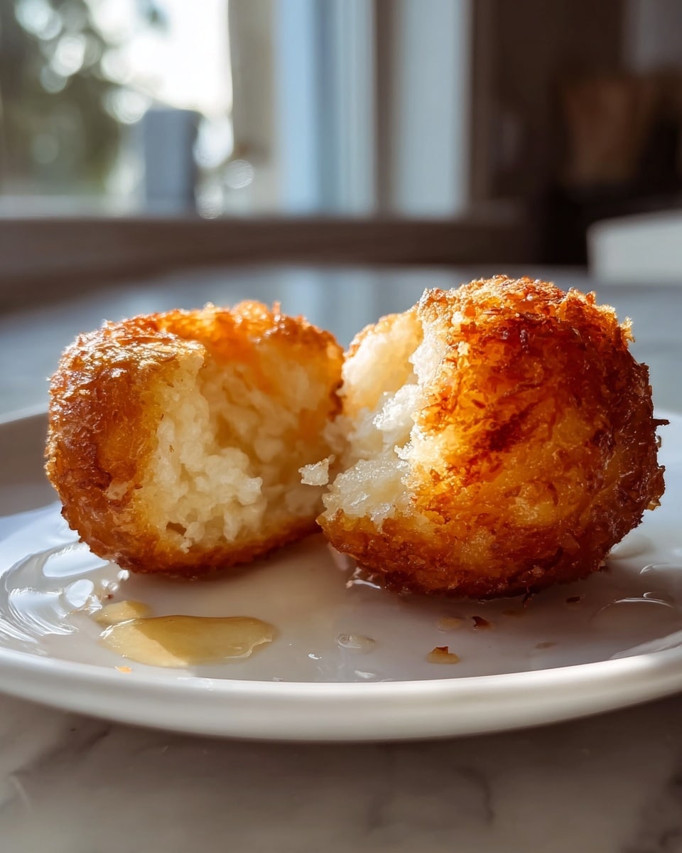 Two golden brown crispy fried balls sit on a white plate with a white marbled texture underneath. One ball is whole, showing a rough, crunchy outer layer with deep golden hues, while the other is broken open, revealing a soft, moist, and fluffy white interior with an almost translucent, sticky texture. Small droplets of oil glisten around the food, adding to the fresh fried look. In the background, there is soft natural light coming from a window, creating a warm and inviting atmosphere. photo taken with an iphone --ar 4:5 --v 7