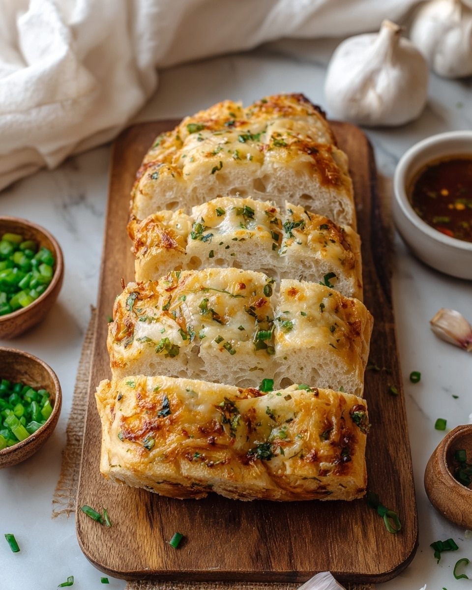 The image shows a rectangular loaf of cheesy garlic bread cut into five thick slices resting on a wooden board. The bread has a golden crust with melted, slightly browned cheese melted on top, scattered with small green herbs and bits of roasted garlic. Inside, the bread is soft and fluffy with a white, airy texture. Around the board, there are small bowls with sauce and chopped green onions, with some green onion pieces sprinkled on the wooden surface. The scene is set on a white marbled texture with a white cloth nearby and garlic bulbs blurred softly in the background. Photo taken with an iphone --ar 4:5 --v 7