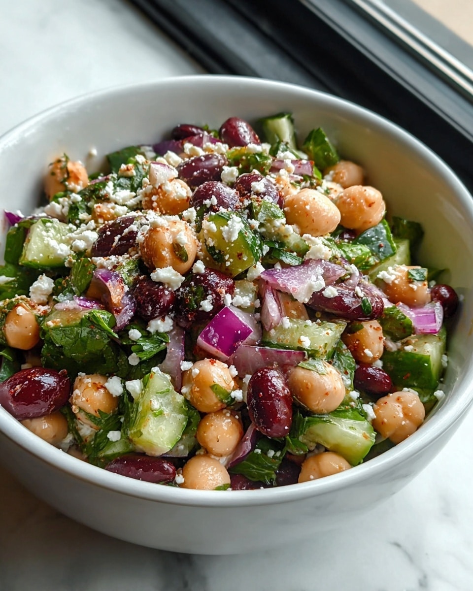 A white bowl filled with a colorful salad showing multiple layers: a base of green leafy herbs, mixed with beige chickpeas and dark red kidney beans, brightened by chopped purple onions and small light green cucumber pieces. There are small white crumbles of cheese sprinkled on top, adding texture and contrast. The salad looks fresh and moist with a light coating of dressing, placed on a white marbled surface near a window. Photo taken with an iphone --ar 4:5 --v 7