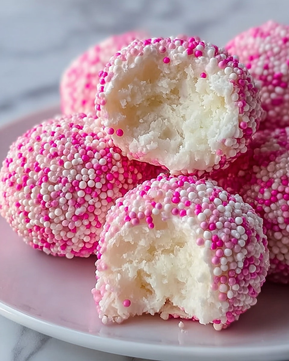 The image shows several round, soft-looking treats placed on a white plate, set on a white marbled surface. Each treat is covered in tiny, round sprinkles in shades of pink and white, giving them a textured outer layer. One treat is partially eaten, revealing a fluffy, white, and creamy inner layer with a smooth, soft texture. The contrast between the vibrant sprinkle coating and the light, airy interior is clear and inviting. Photo taken with an iphone --ar 4:5 --v 7