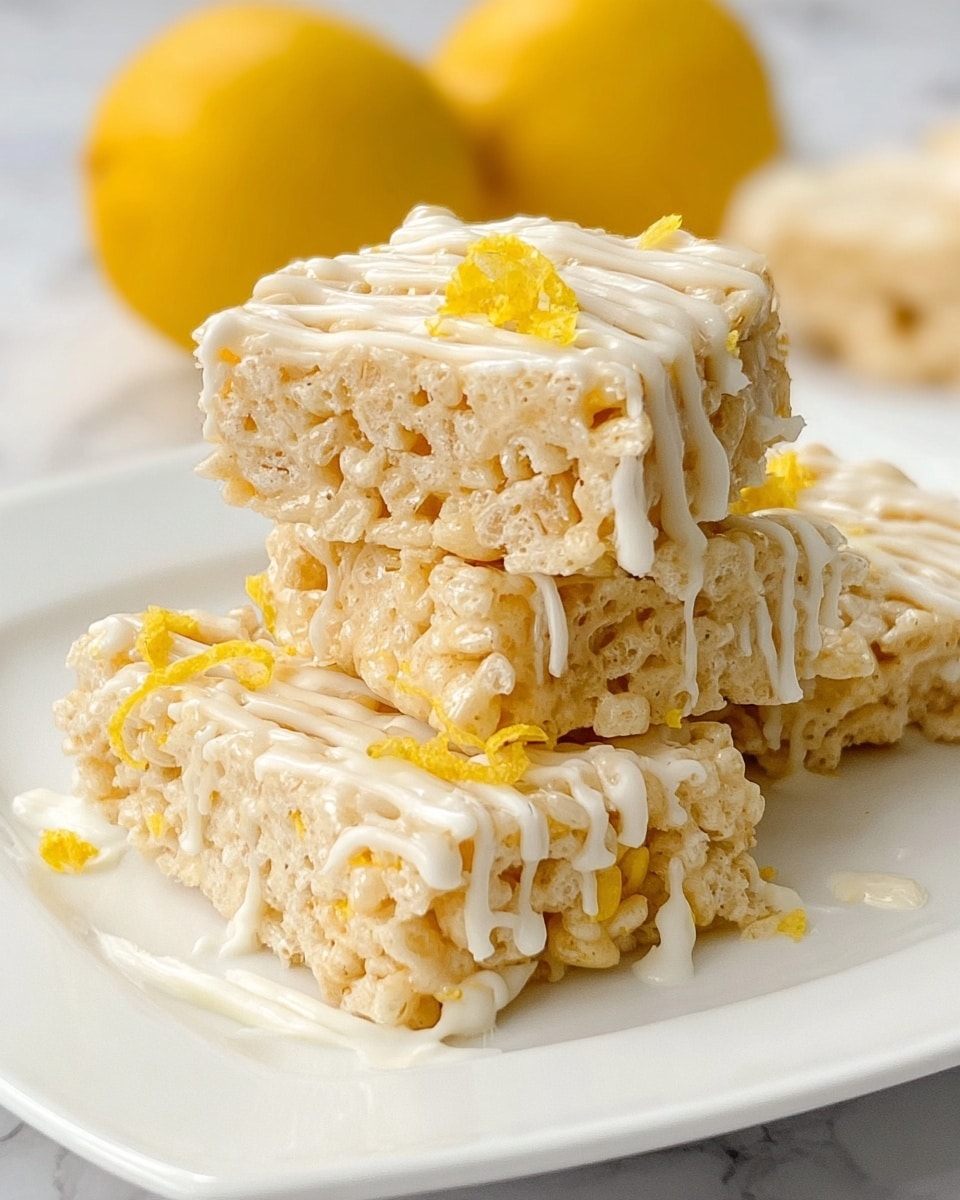 A close-up view of three rectangular rice crispy treats stacked slightly unevenly on a white plate, each treat showing a light golden color with visible puffed rice texture. The top surface of the treats is drizzled with smooth, creamy white icing that flows down the sides, and there are small pieces of bright yellow zest scattered on the surface. In the background, two whole yellow lemons are softly blurred against a white marbled surface. The image captures the light texture and glossy drizzle with a soft focus that makes the treats look fresh and inviting. photo taken with an iphone --ar 4:5 --v 7
