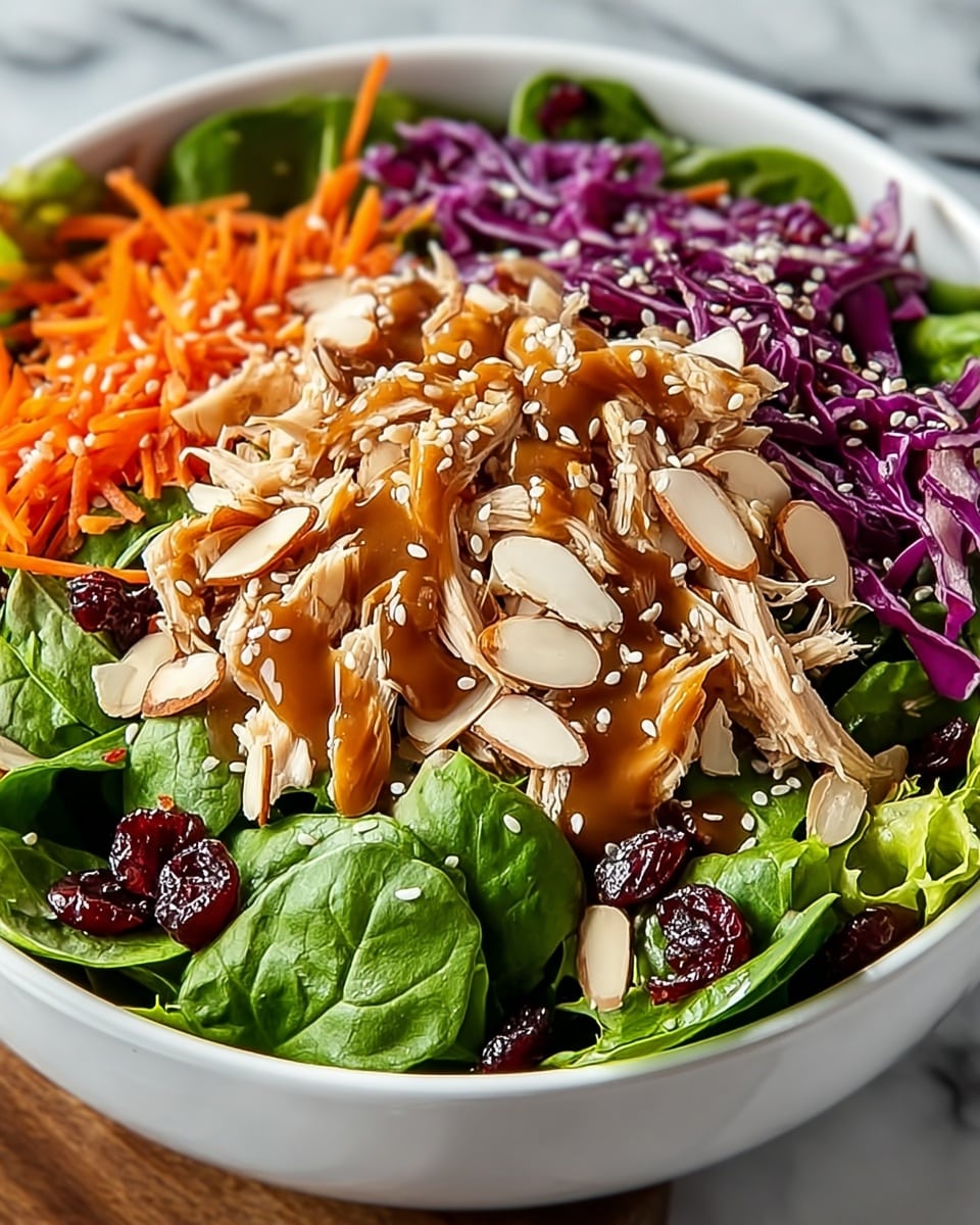 A white bowl holds a fresh salad with four layers: the bottom layer is dark green spinach and light green lettuce leaves, providing a leafy base; the second layer has thin slices of purple cabbage scattered among the greens; the third layer is bright orange shredded carrots spread evenly; the top layer includes shredded pieces of light brown chicken, dried red cranberries, and tan almond slices, all drizzled with a glossy brown dressing and sprinkled with small white sesame seeds. The bowl sits on a white marbled surface. photo taken with an iphone --ar 4:5 --v 7