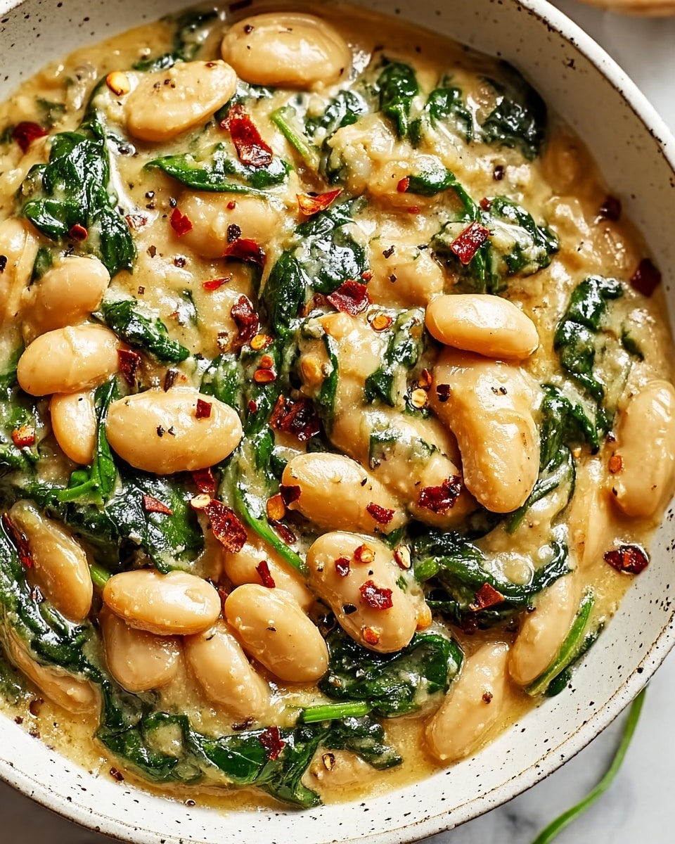A close-up view of a bowl filled with creamy white beans mixed with dark green spinach leaves, coated in a thick, light beige sauce. The beans look soft and shiny, sitting in a rich and slightly bubbly liquid with small flecks of black pepper. Scattered on top are small pieces of red chili flakes adding bright spots of color. The bowl is white with a subtle speckled pattern around the rim, placed on a white marbled surface. Photo taken with an iphone --ar 4:5 --v 7
