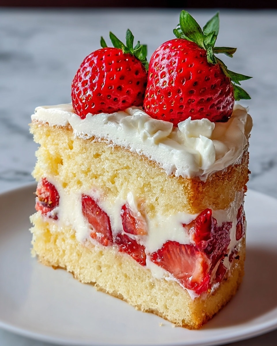 A slice of light yellow sponge cake with two main layers is shown on a white plate. The bottom layer is sponge cake with visible soft texture, followed by a thick white creamy layer mixed with fresh red strawberry pieces. On top, there is another sponge cake layer covered with smooth white cream. The cake slice is topped with three whole bright red strawberries with green leaves. The background is a white marbled texture, giving a clean and fresh look. Photo taken with an iphone --ar 4:5 --v 7